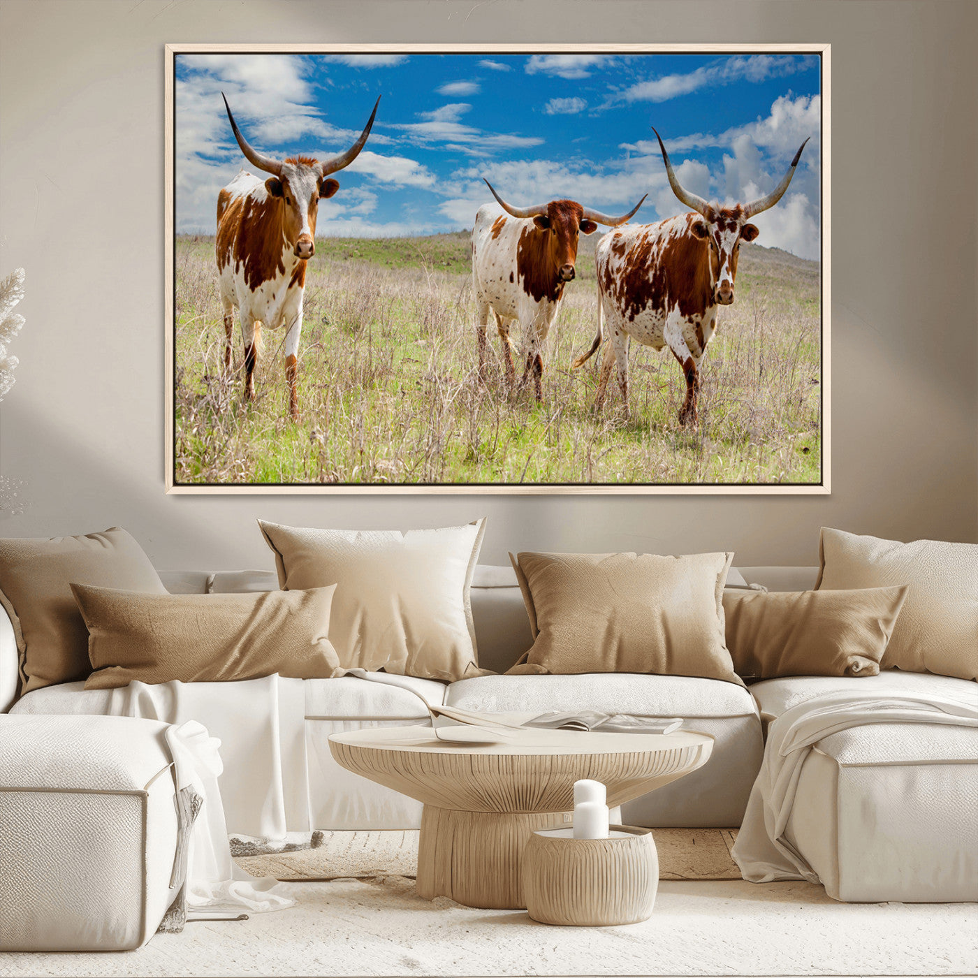 58099948-MGV-CV-36X24-Texas Longhorn Wall Art Canvas Print, Framed Western Decor Art Picture Print, Rustic Farmhouse Perfect Western Farmhouse Decor