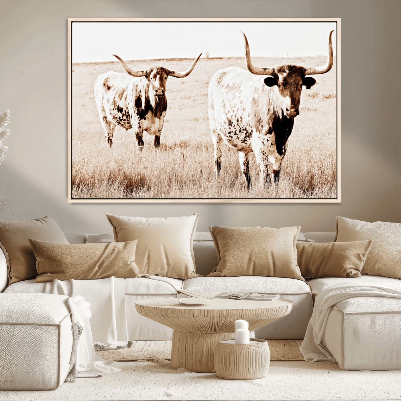 39672786-MGV-CV-36X24-Rustic Cow Scene Wall Art Canvas Print, Framed Farmhouse Style Cattle Art Picture Print, Prairie Animal Duo Perfect Rustic Western