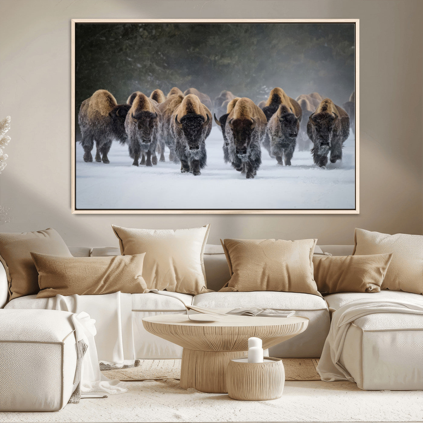 41669135-MGV-CV-36X24-Bison Herd Scene Wall Art Canvas Print, Framed Rustic Wildlife Decor Art Picture Print, Snowy Bison Landscape Perfect Rustic