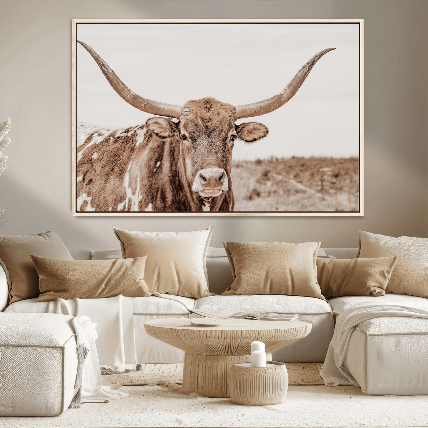 77810049-MGV-CV-36X24-Longhorn Bull Photo Wall Art Canvas Print, Framed Rustic Cow Decor Art Picture Print, Neutral Farmhouse Style Perfect Rustic