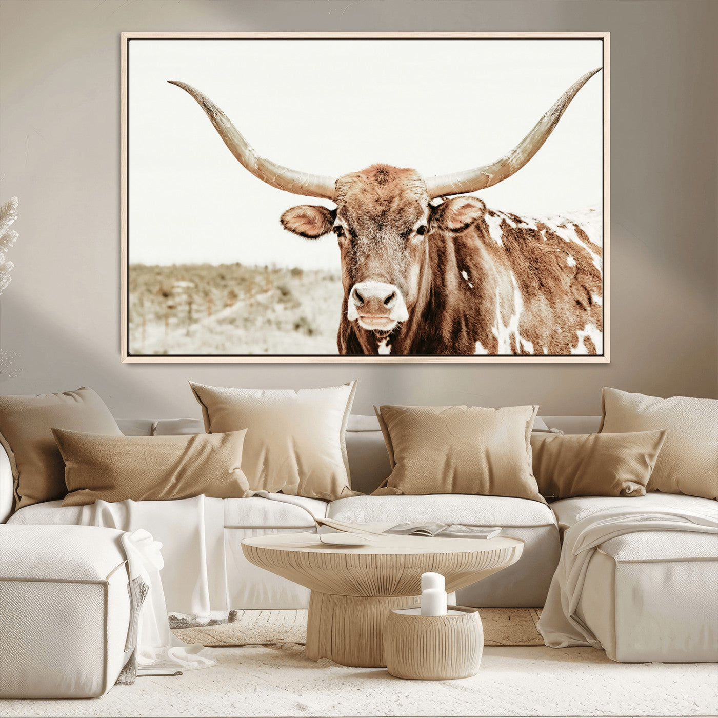 98924580-MGV-CV-36X24-Texas Longhorn Bull Wall Art Canvas Print, Framed Rustic Farmhouse Decor Art Picture Print, Western Animal Theme Perfect Rustic