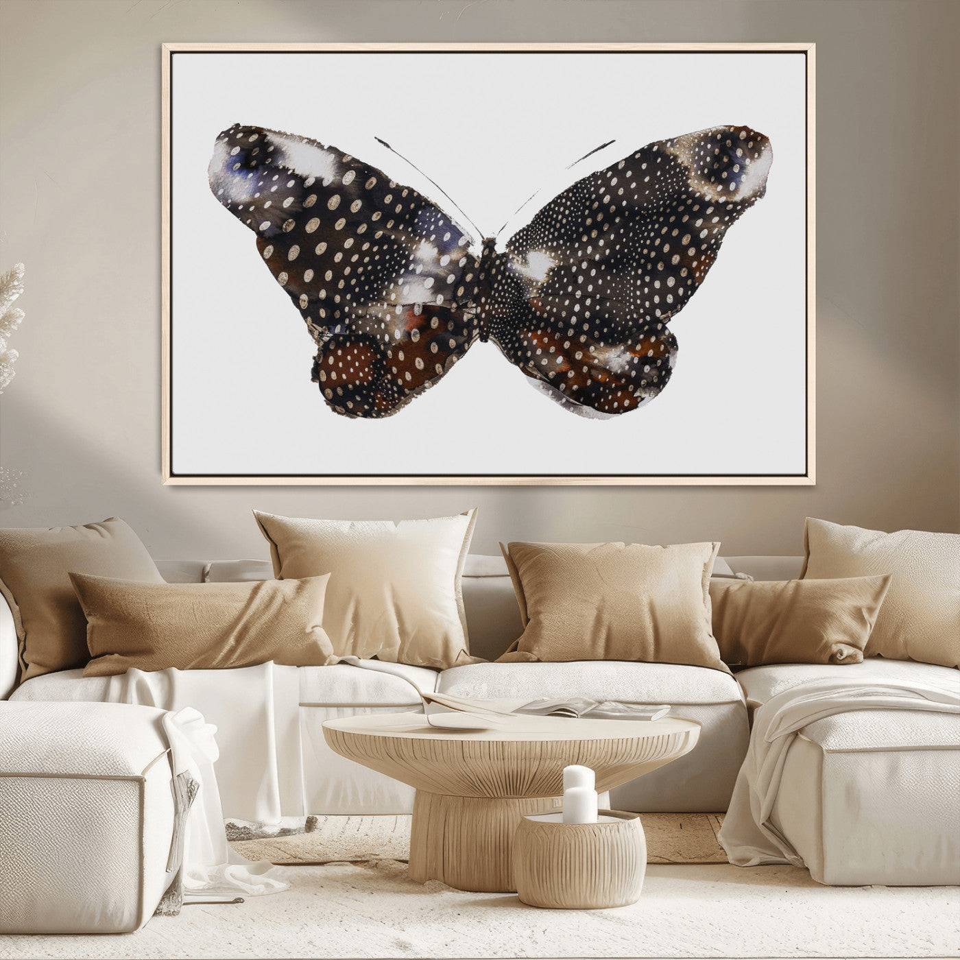 99831147-MGV-CV-36X24-Spotted Butterfly Wall Art Canvas Print, Framed Neutral Insect Theme Art Picture Print, Earthy Wing Pattern Perfect Modern Rustic