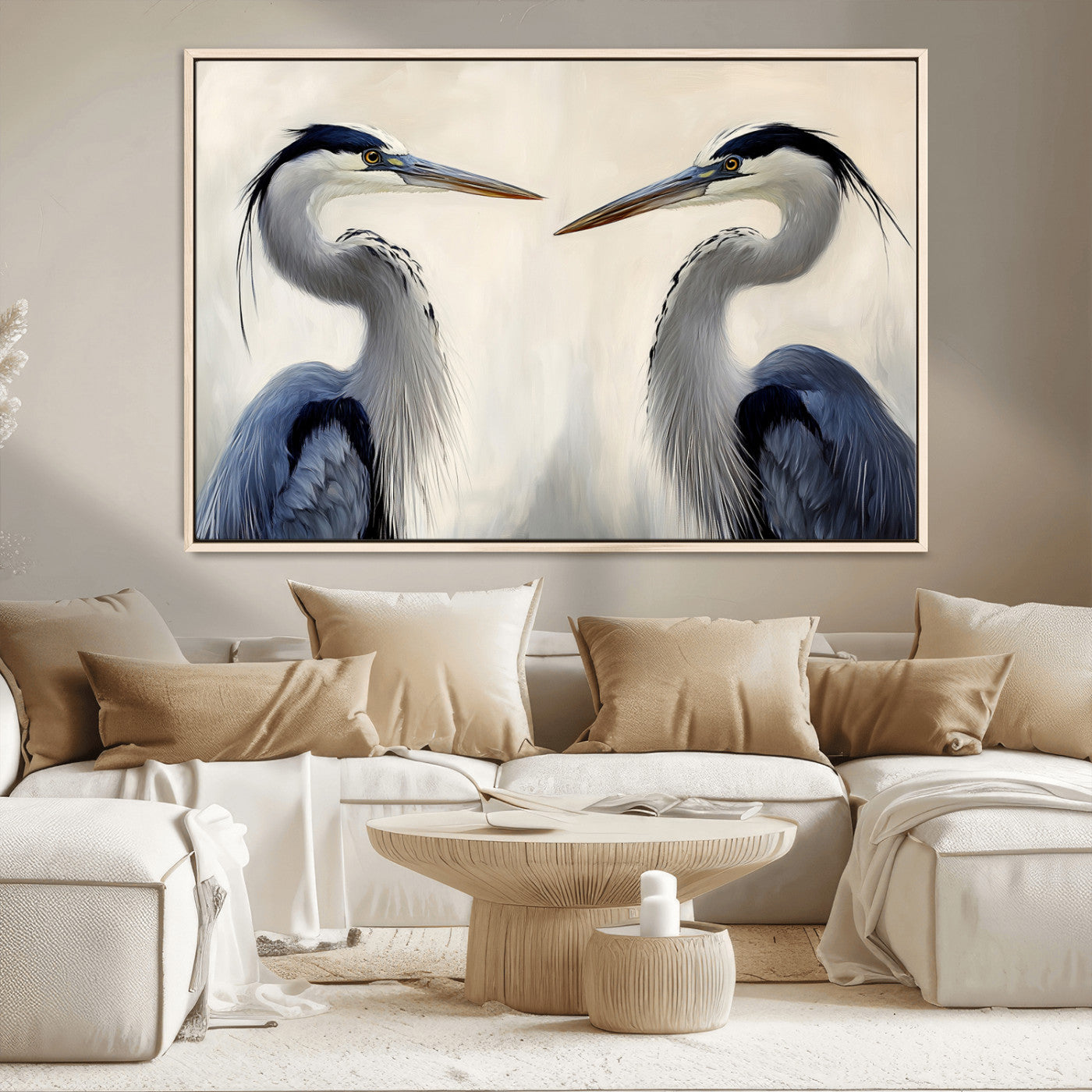 18230556-MGV-CV-36X24-Blue Heron Pair Wall Art Canvas Print, Framed Coastal Bird Theme Art Picture Print, Tranquil Wildlife Scene Perfect Coastal