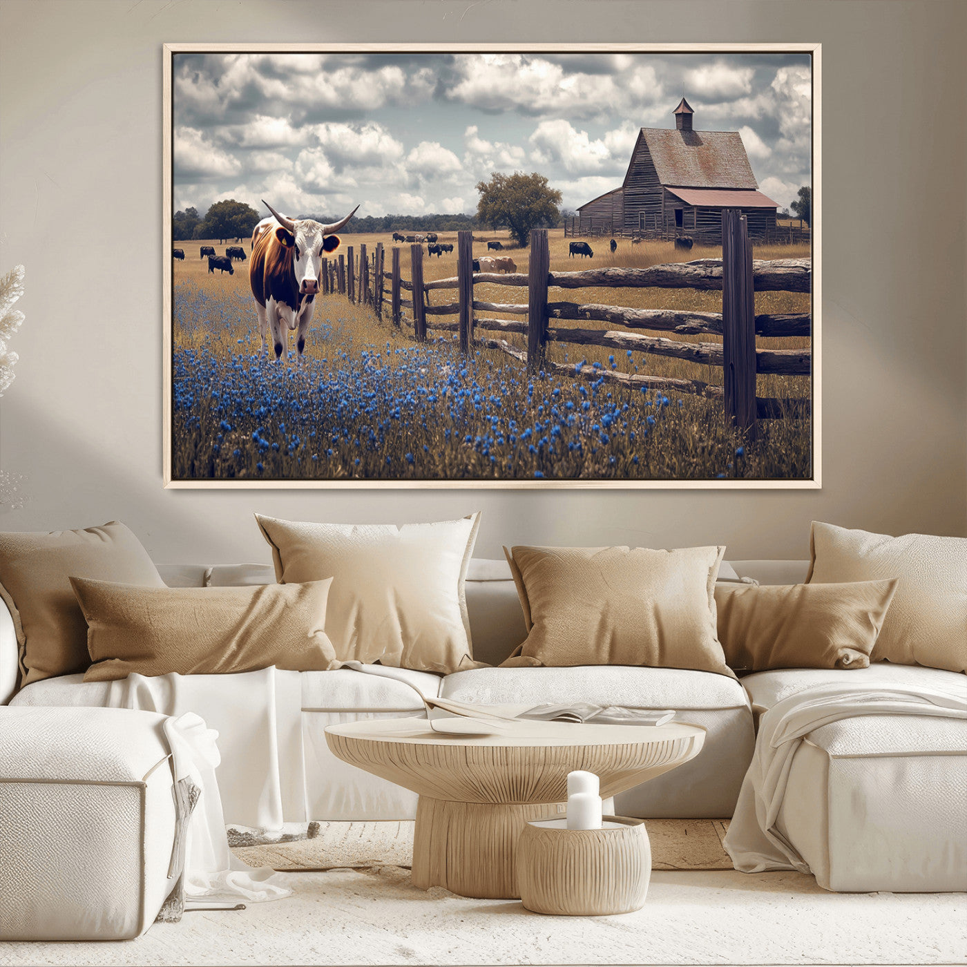 22296025-MGV-CV-36X24-Texas Longhorn Canvas Wall Art Canvas Print, Framed Rustic Barn Wall Art Art Picture Print, Farmhouse Cow Decor Perfect Rustic