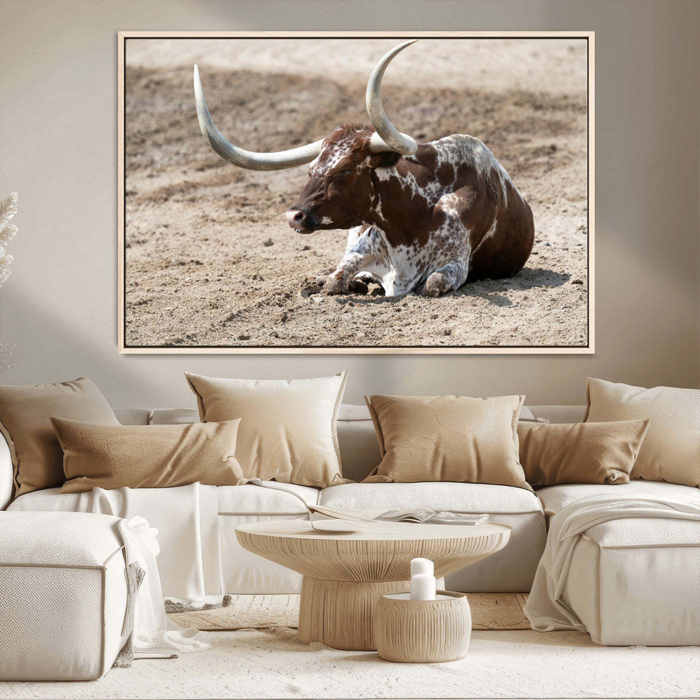 76549210-MGV-CV-36X24-Texas Longhorn Wall Art Canvas Print, Framed Country Living Art Picture Print, Farmhouse Aesthetic Perfect Western Rustic Decor