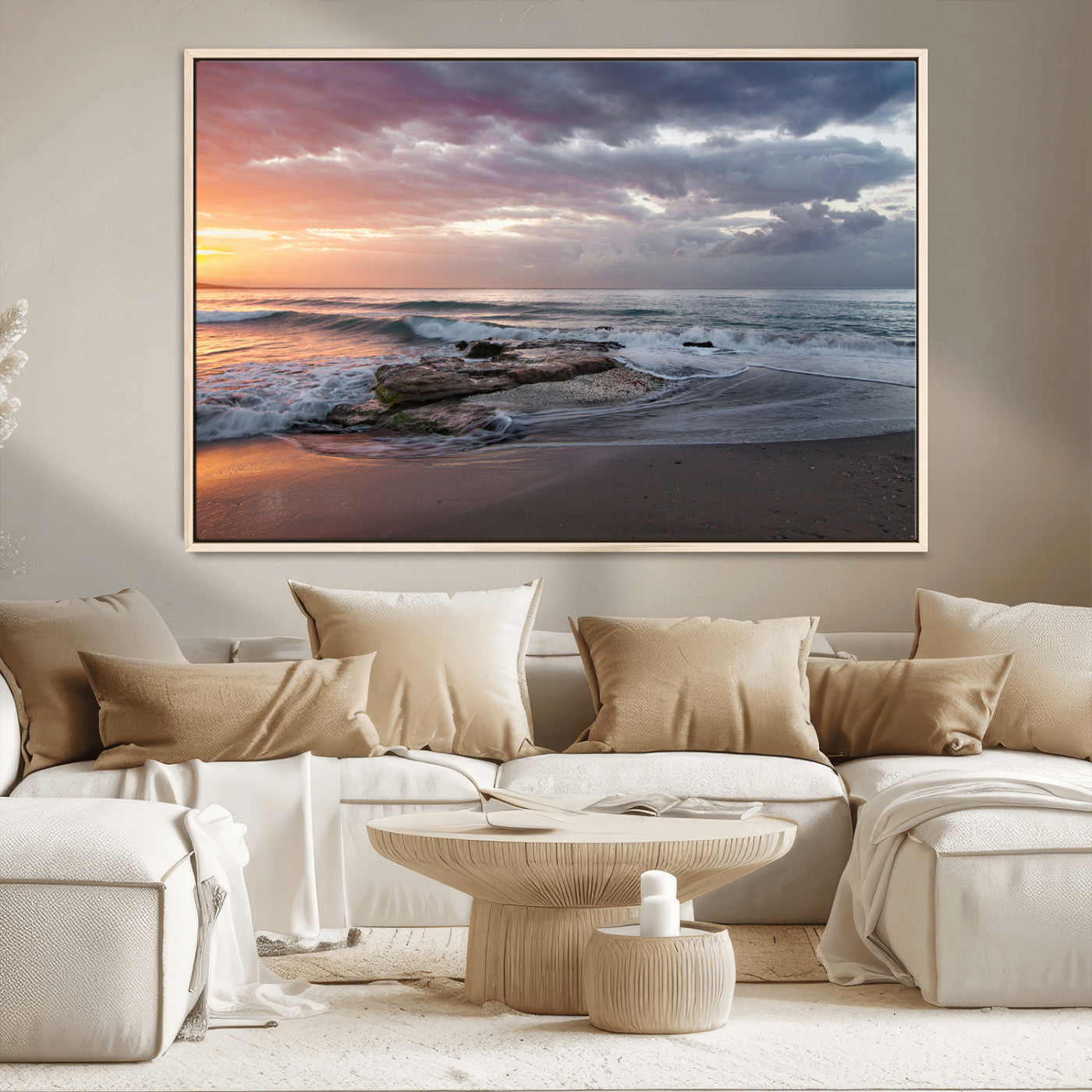 94208089-MGV-CV-36X24-Golden Hour Wall Art Canvas Print, Framed Tranquil Waves Art Picture Print, Beach Horizon Perfect Coastal Serenity Decor Artwork