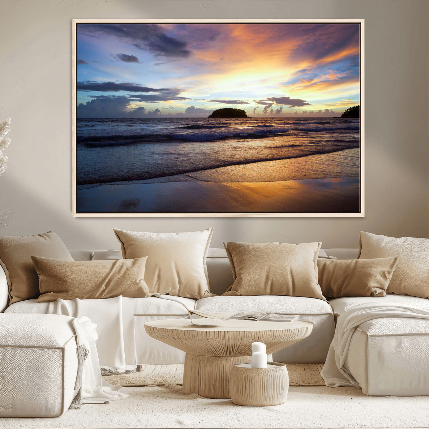36714356-MGV-CV-36X24-Beach Sunset Wall Art Canvas Print, Framed Ocean Waves Art Picture Print, Tropical Seascape Perfect Coastal Serenity Decor Artwork