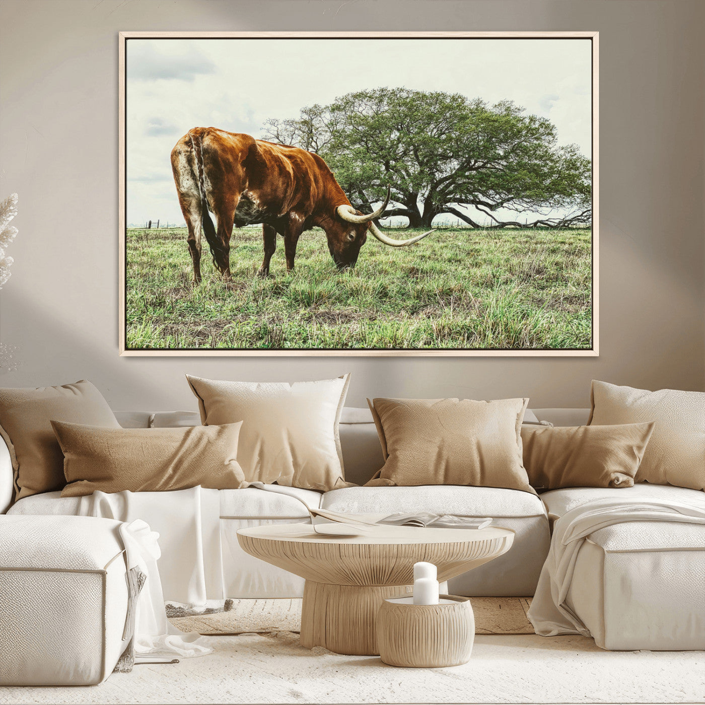 91866234-MGV-CV-36X24-Texas Longhorn Wall Art Canvas Print, Framed Rustic Ranch Art Picture Print, Western Cattle Perfect Rustic Farmhouse Decor Artwork