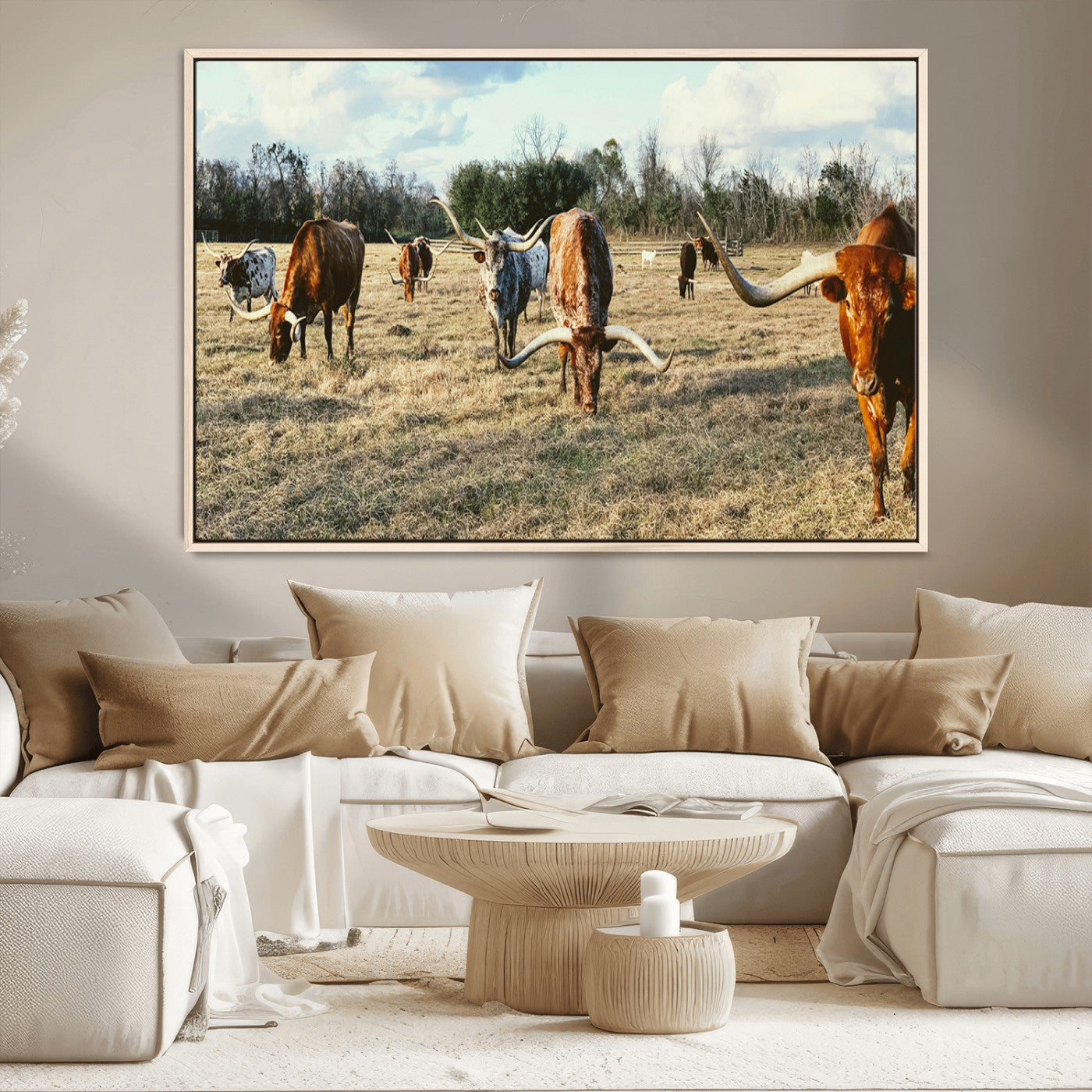 39144651-MGV-CV-36X24-Texas Longhorns Wall Art Canvas Print, Framed Rustic Farm Scene Art Picture Print, Western Cattle Perfect Rustic Farmhouse Decor