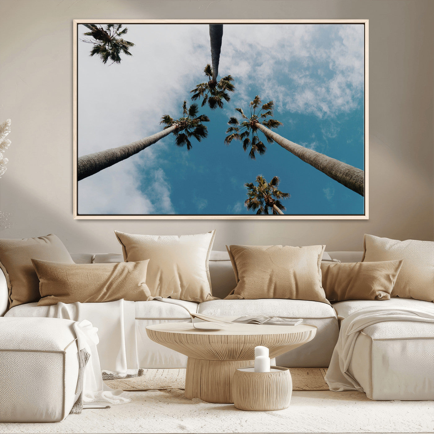 45236398-MGV-CV-36X24-Tropical Palm Trees Wall Art Canvas Print, Framed California Sky Art Picture Print, Minimalist Nature Perfect Coastal Minimalist