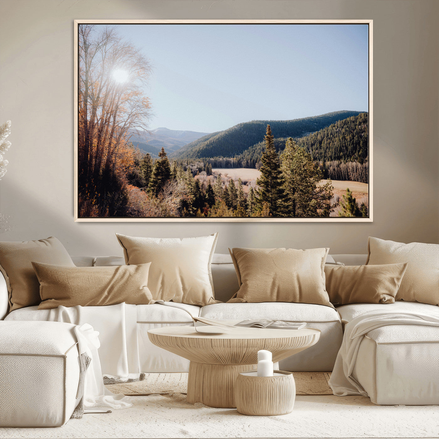 52941305-MGV-FC-36X24_Natural-Rustic Landscape Wall Art Canvas Print, Framed Serene Valley Art Picture Print, Pine Tree Horizon Perfect Rustic Cabin Decor