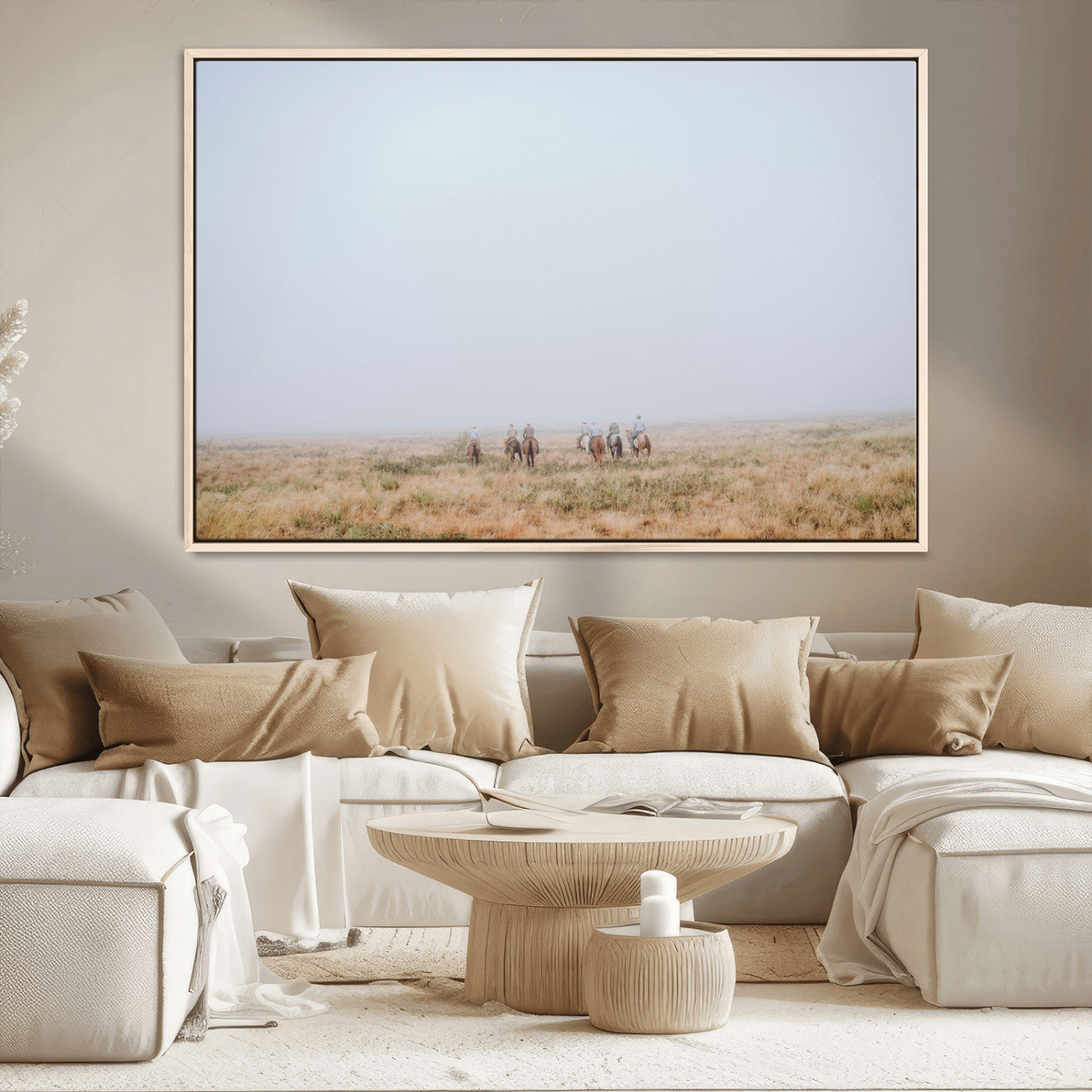 14761944-MGV-CV-36X24-Foggy Plains Wall Art Canvas Print, Framed Horseback Riders Art Picture Print, Rustic Western Perfect Rustic Western Decor Artwork