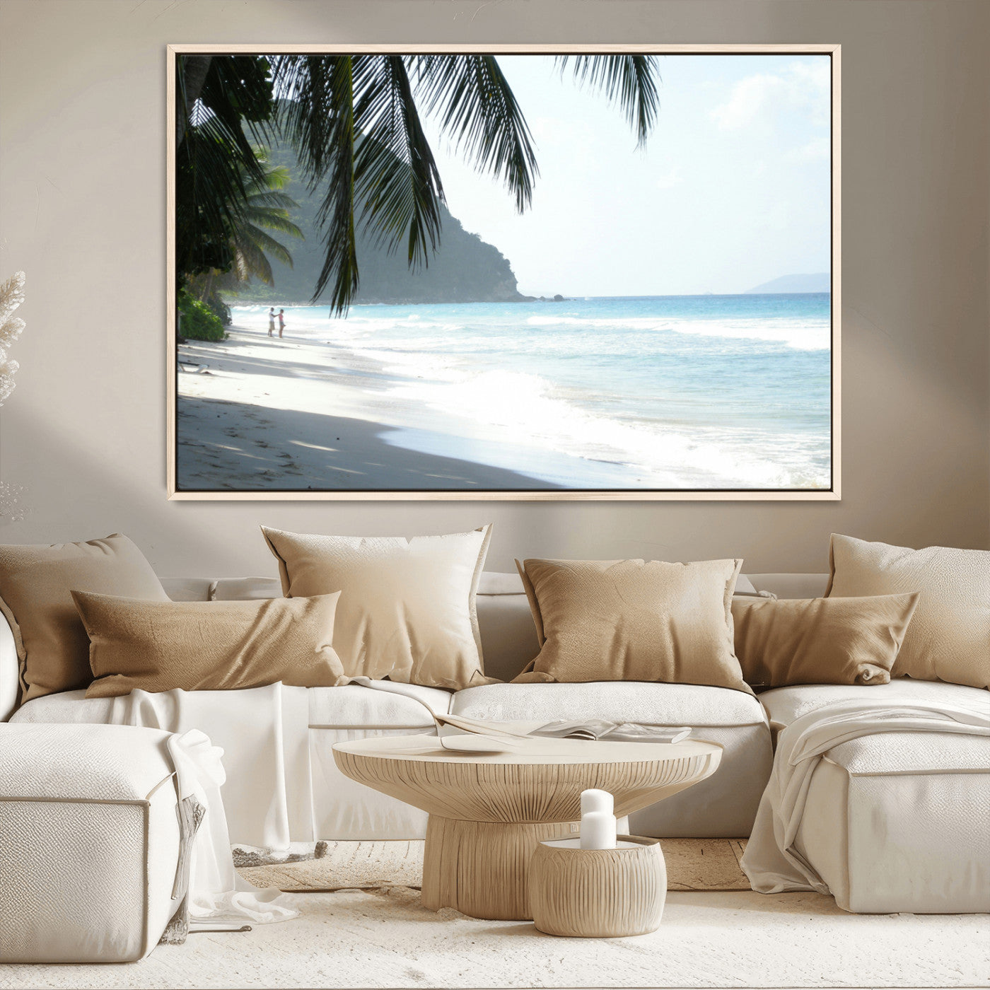 18311030-MGV-FC-36X24_Natural-Tropical Beach Wall Art Canvas Print, Framed Serene Ocean Art Picture Print, Palm Tree Shadows Perfect Tropical Coastal Decor