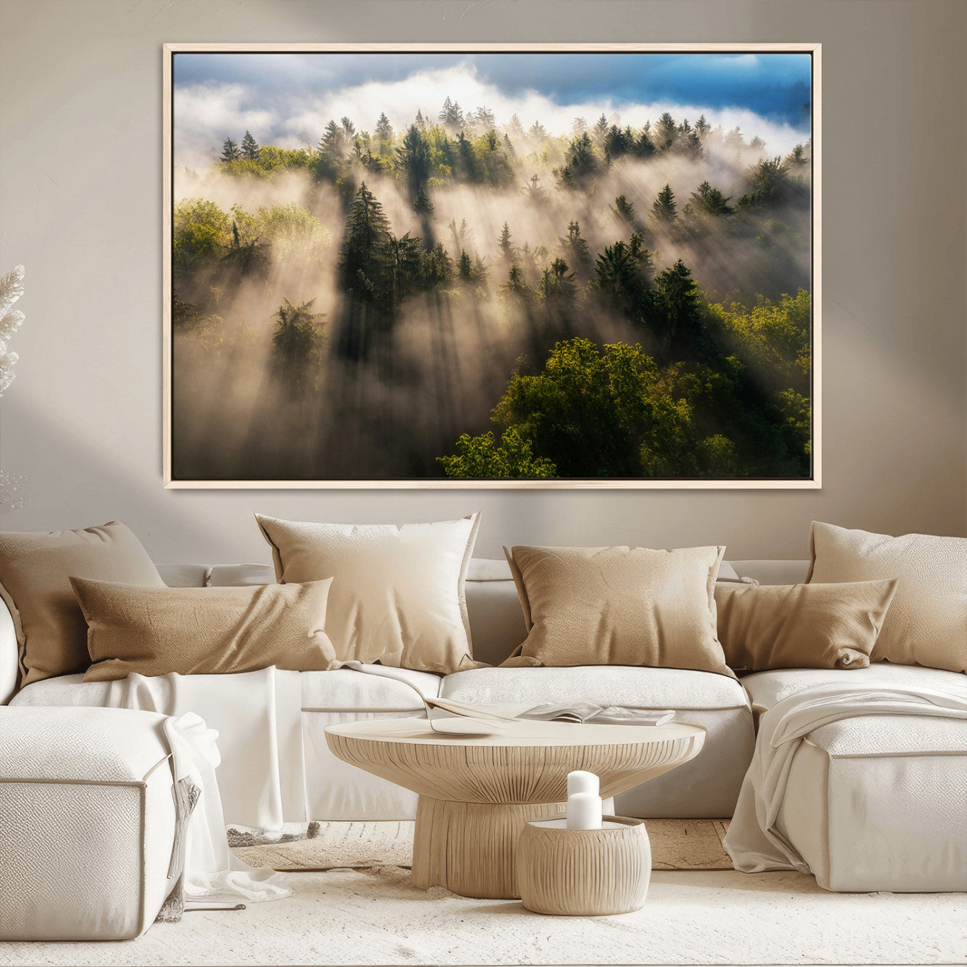 14785710-MGV-CV-36X24-Tranquil Forest Scene Wall Art Canvas Print, Framed Sunbeam Through Trees Art Picture Print, Moody Green Wall Art Perfect