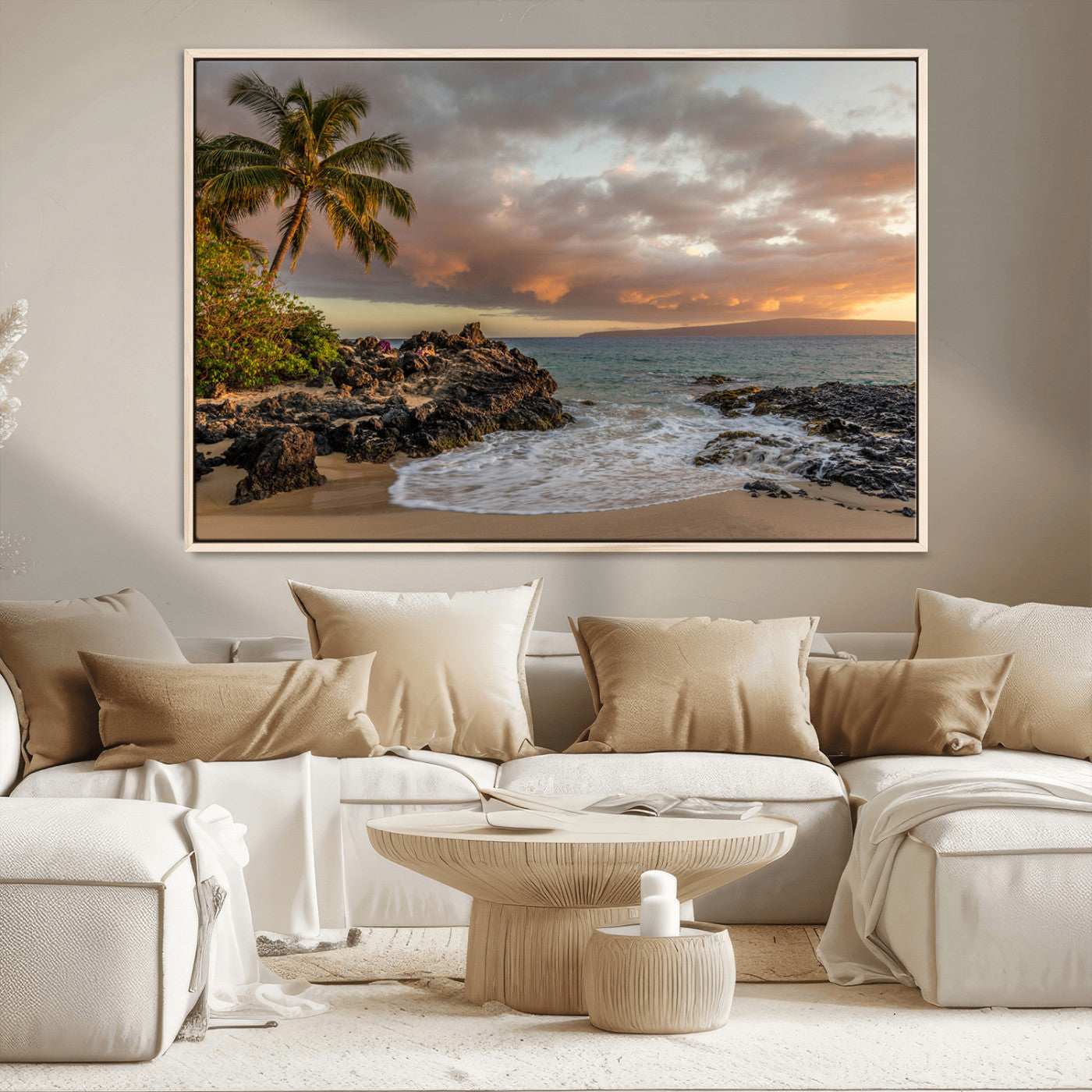 55108220-MGV-CV-36X24-Tropical Beach Wall Art Canvas Print, Framed Hawaiian Sunset Art Picture Print, Ocean Waves Perfect Coastal Tropical Decor Artwork