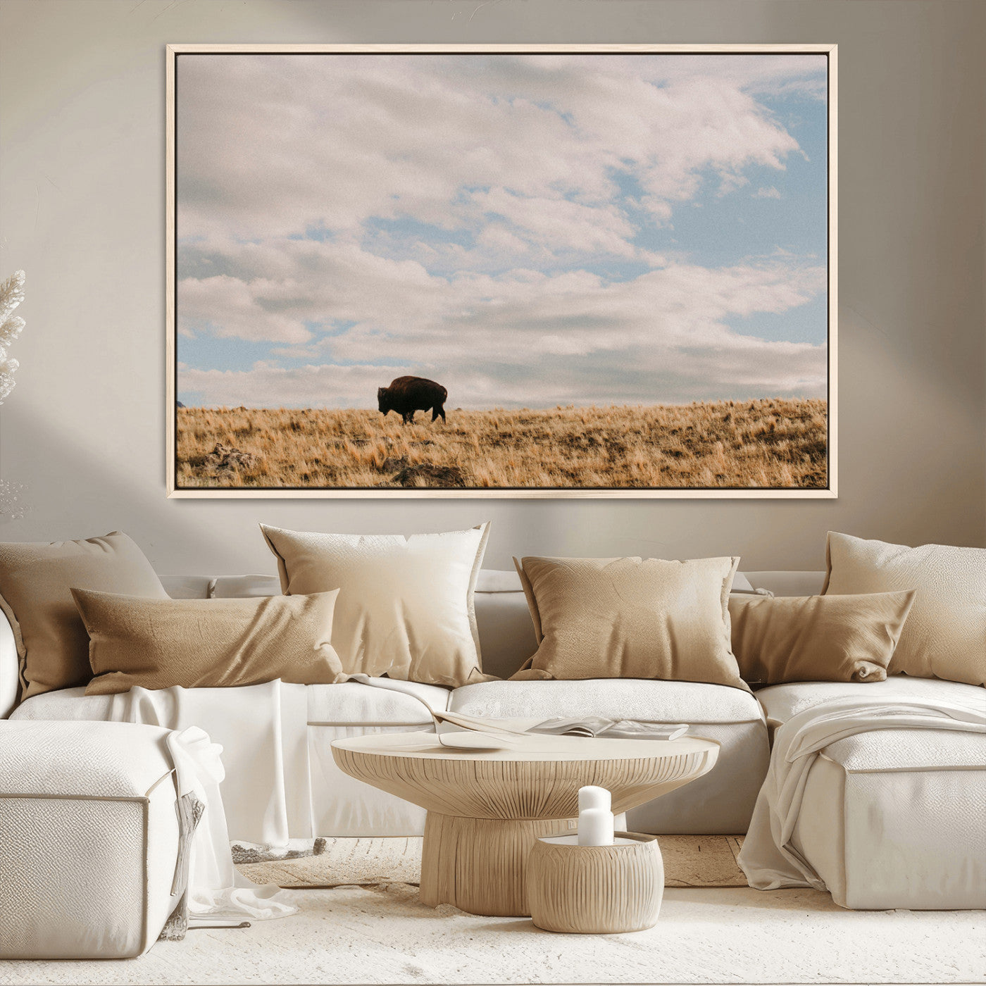 22754563-MGV-CV-36X24-Earthy Tones Wall Art Canvas Print, Framed Rustic Nature Art Picture Print, Solitary Buffalo Perfect Western Minimalist Decor