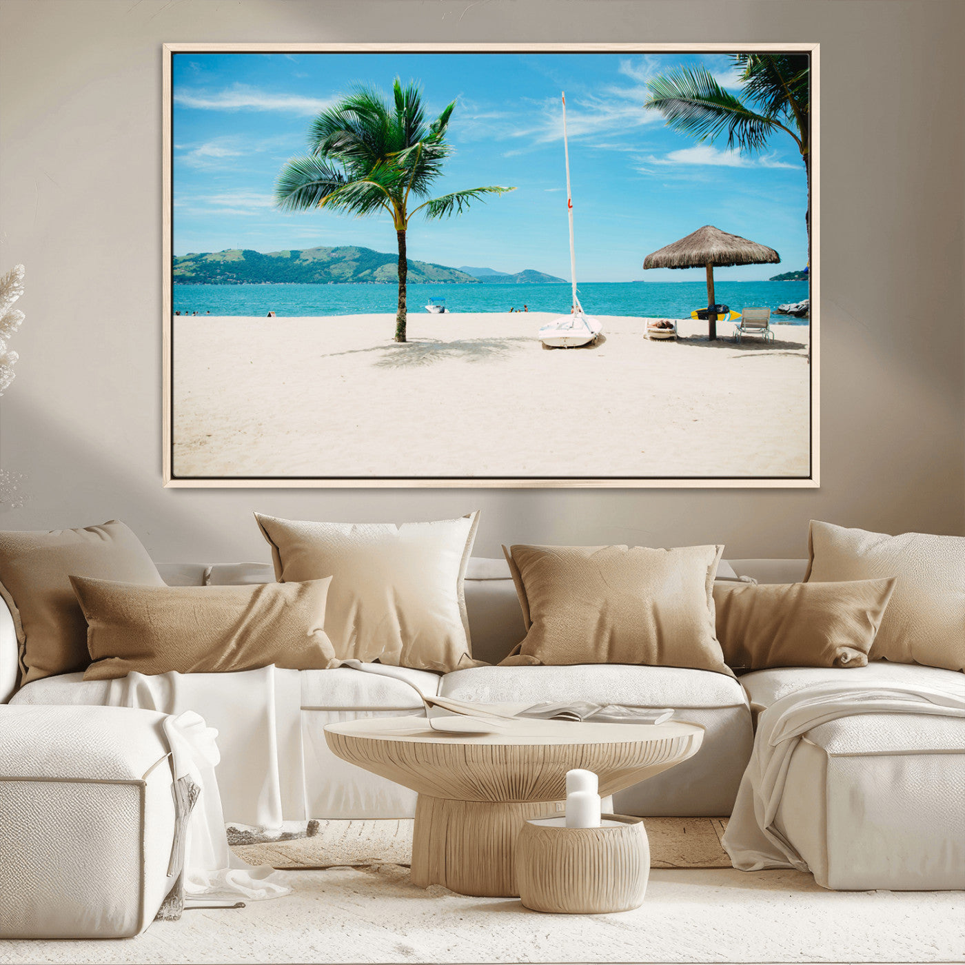 42623350-MGV-CV-36X24-Tropical Beach Wall Art Canvas Print, Framed Palm Tree Art Picture Print, Ocean View Perfect Tropical Coastal Decor Artwork