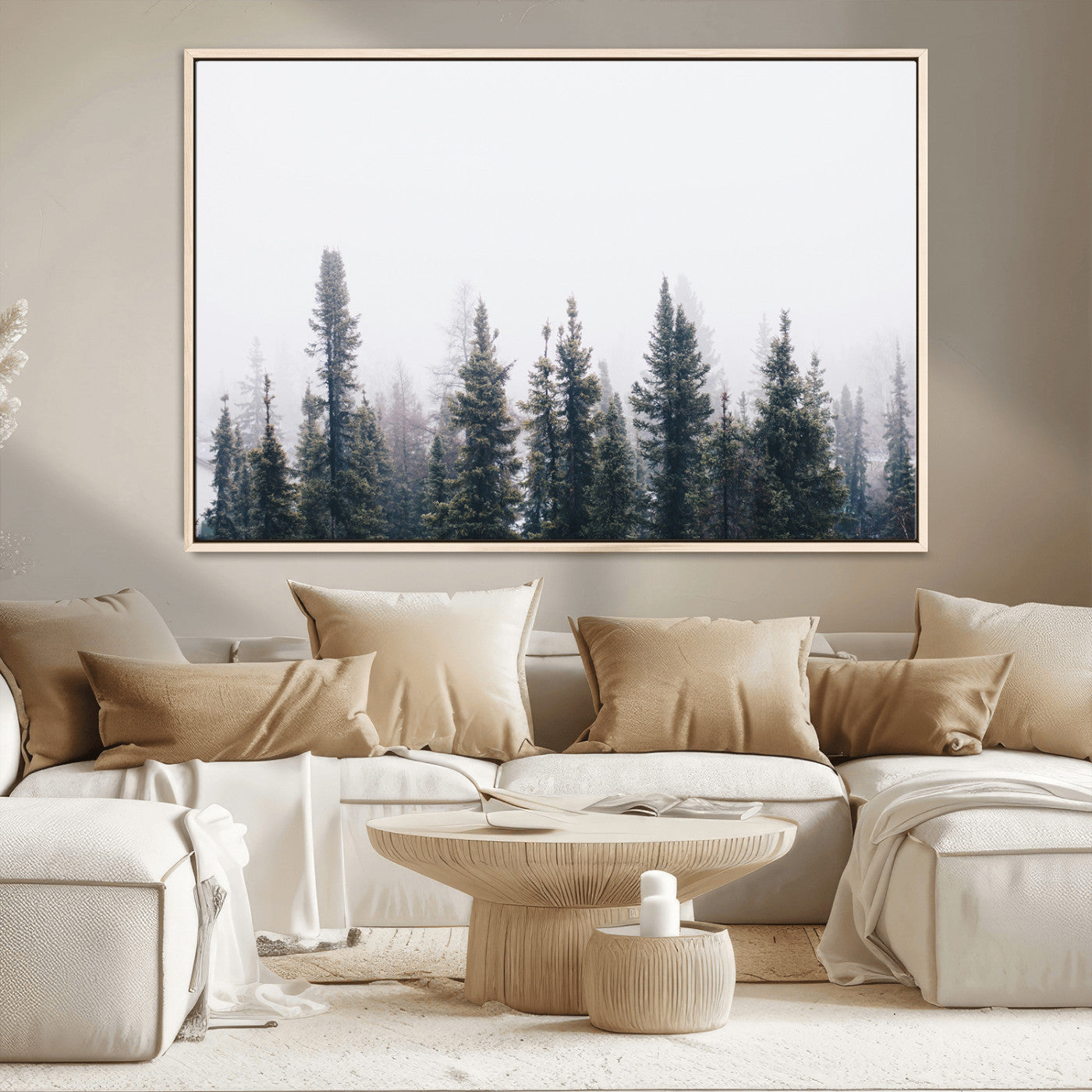 42364796-MGV-CV-36X24-Foggy Forest Wall Art Canvas Print, Framed Misty Pines Art Picture Print, Moody Woodland Perfect Scandinavian Minimalist Decor