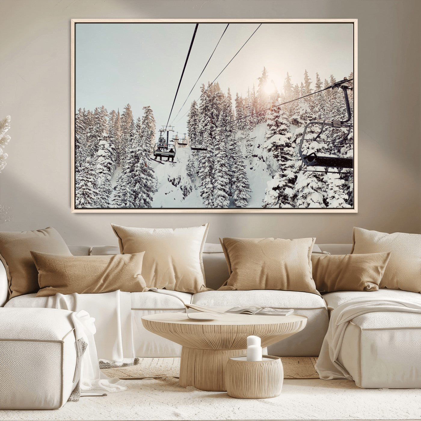 91534512-MGV-CV-36X24-Frosty Pines Wall Art Canvas Print, Framed Cozy Cabin View Art Picture Print, Ski Lift Ride Perfect Rustic Lodge Decor Artwork