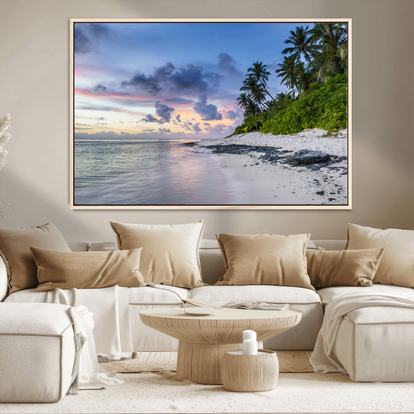 75045485-MGV-FC-36X24_Natural-Tropical Beach Wall Art Canvas Print, Framed Sunset Glow Art Picture Print, Palm Tree Coast Perfect Tropical Coastal Decor Artwork