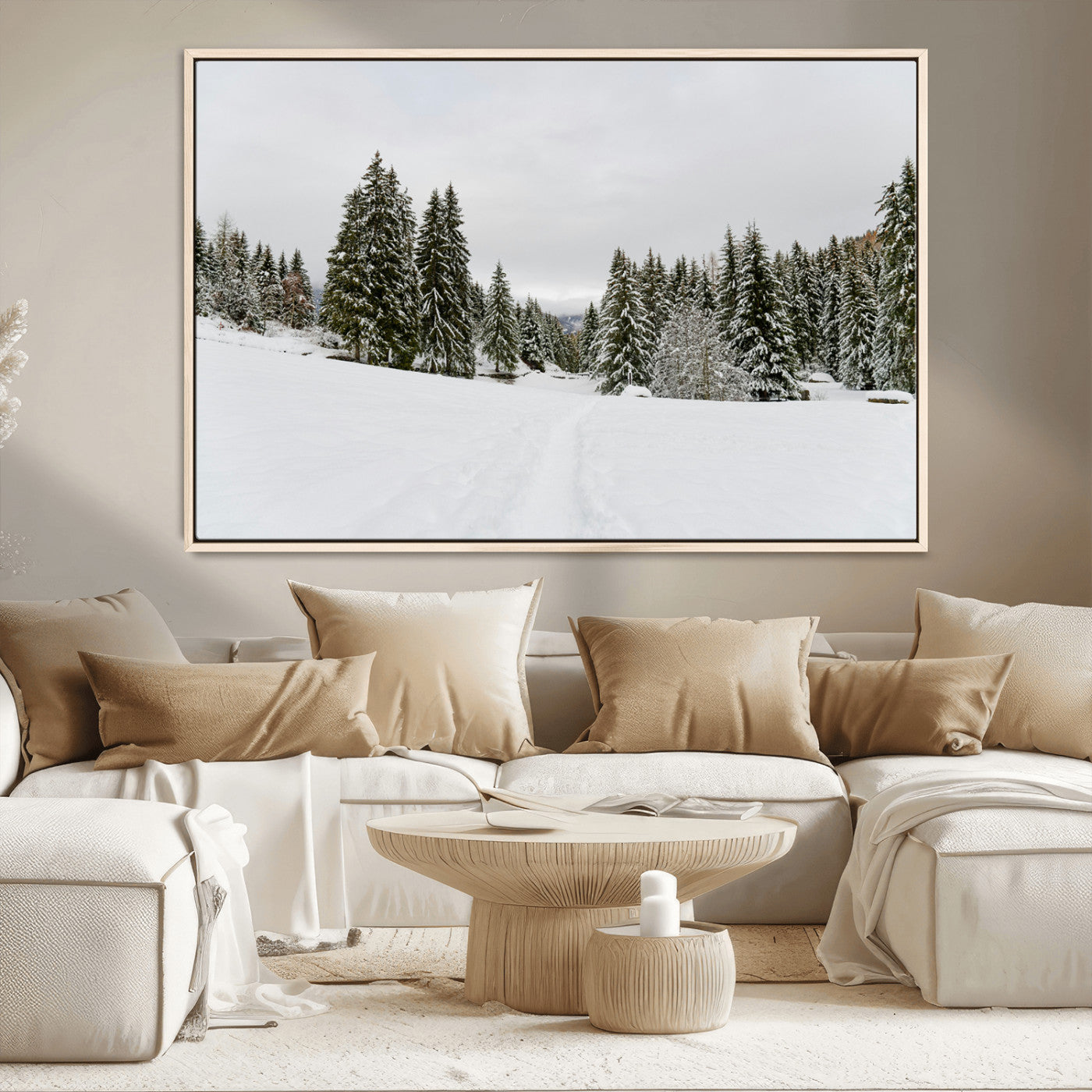 24581417-MGV-CV-36X24-Frosty Pines Wall Art Canvas Print, Framed Silent Snowfall Art Picture Print, Cozy Cabin Vibes Perfect Nordic Minimalist Decor