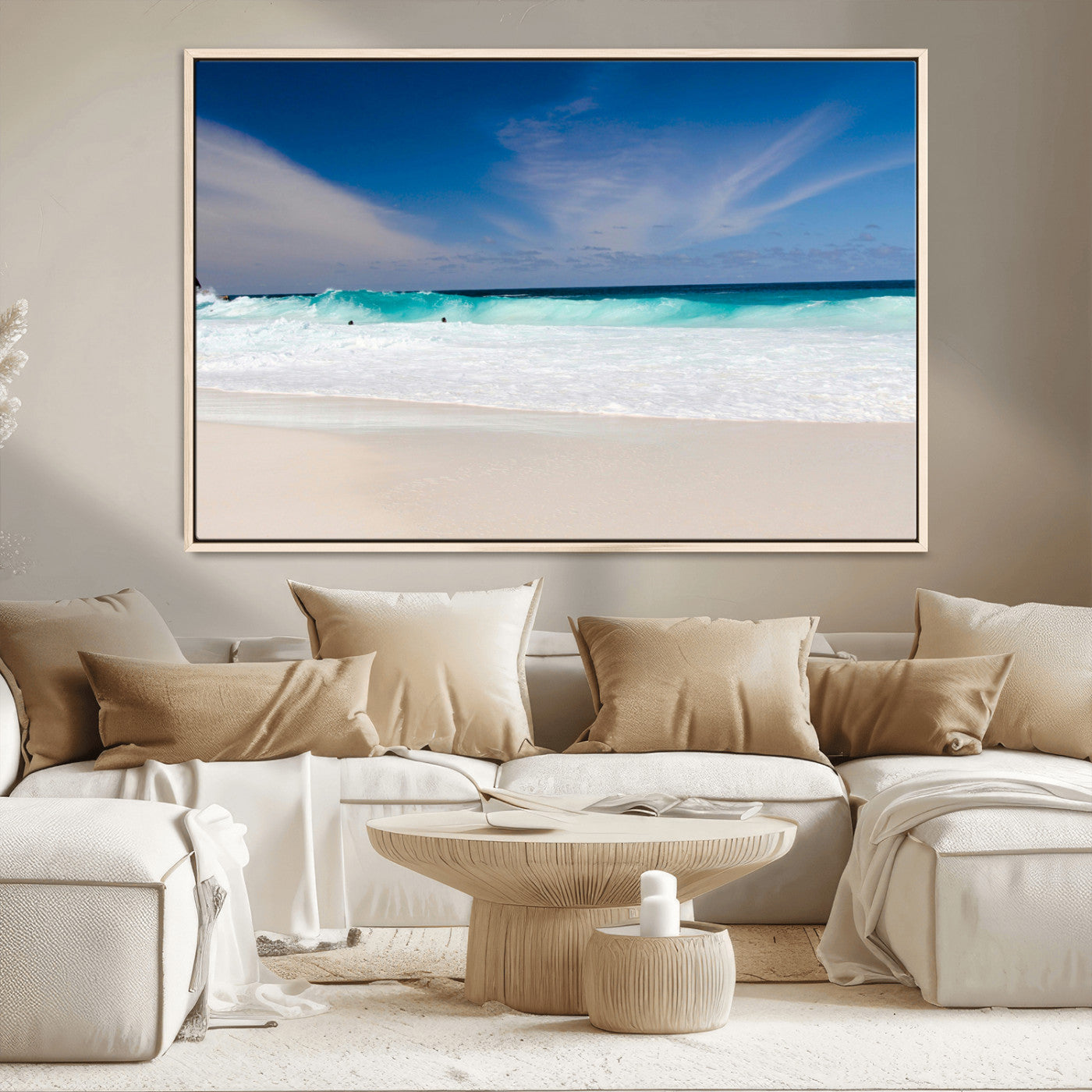 55017356-MGV-CV-36X24-Ocean Beach Wall Art – Turquoise Wave and White Sand Shoreline Canvas Print, Coastal Seascape Photography Decor for Living Room,