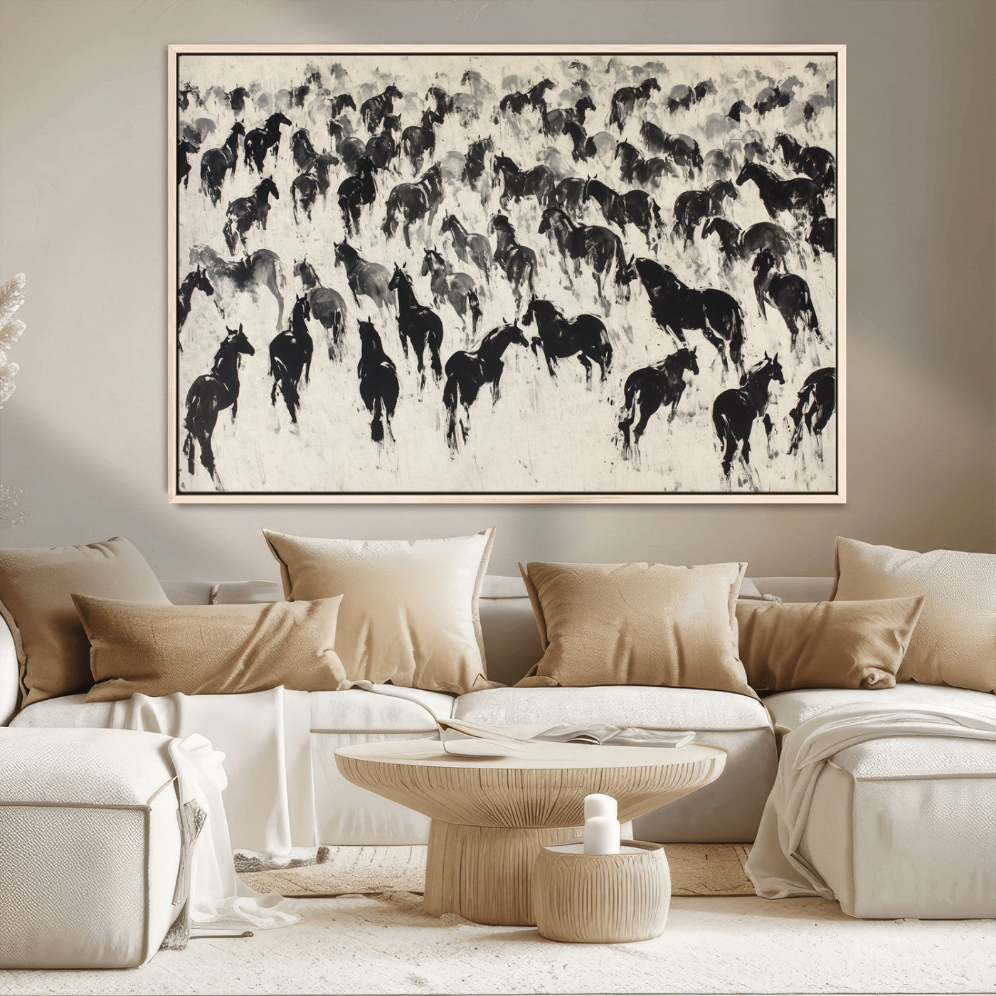 29265745-MGV-CV-36X24-Wild Horse Herd Wall Art – Black and White Galloping Horses Canvas Print, Rustic Western Farmhouse Décor for Living Room, Bedroom,