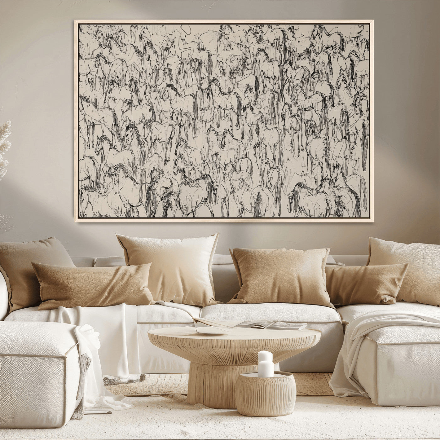 12358908-MGV-CV-36X24-Horse Herd Sketch Wall Art – Abstract Wild Horses Line Drawing Canvas Print, Rustic Western Style Equestrian Decor for Living