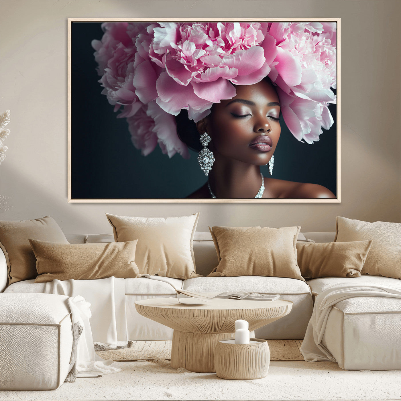 35482880-MGV-CV-36X24-Floral Portrait Wall Art – Elegant Woman with Pink Peony Headpiece Canvas Print, Luxury Fashion Inspired Artwork, Modern Glam