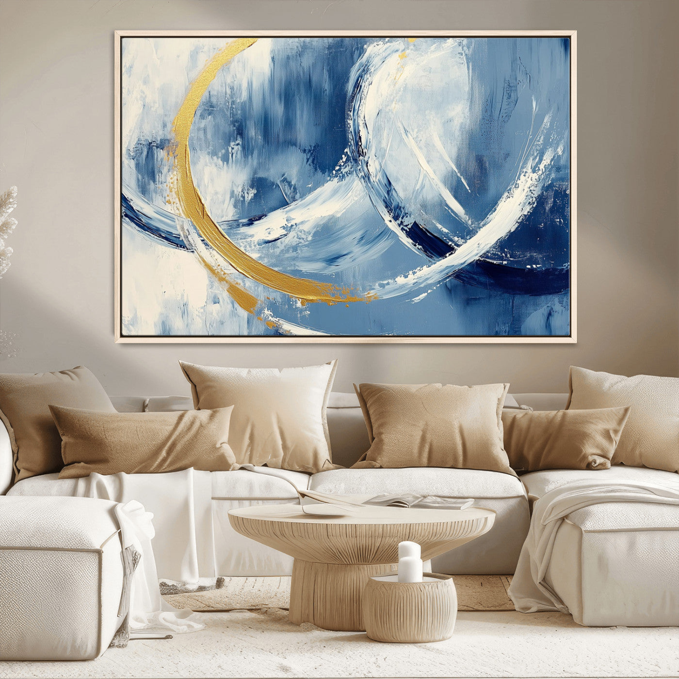 42475677-MGV-CV-36X24-Blue and Gold Abstract Wall Art – Modern Luxury Canvas Print, Navy White Brushstroke Painting, Contemporary Home Office Living