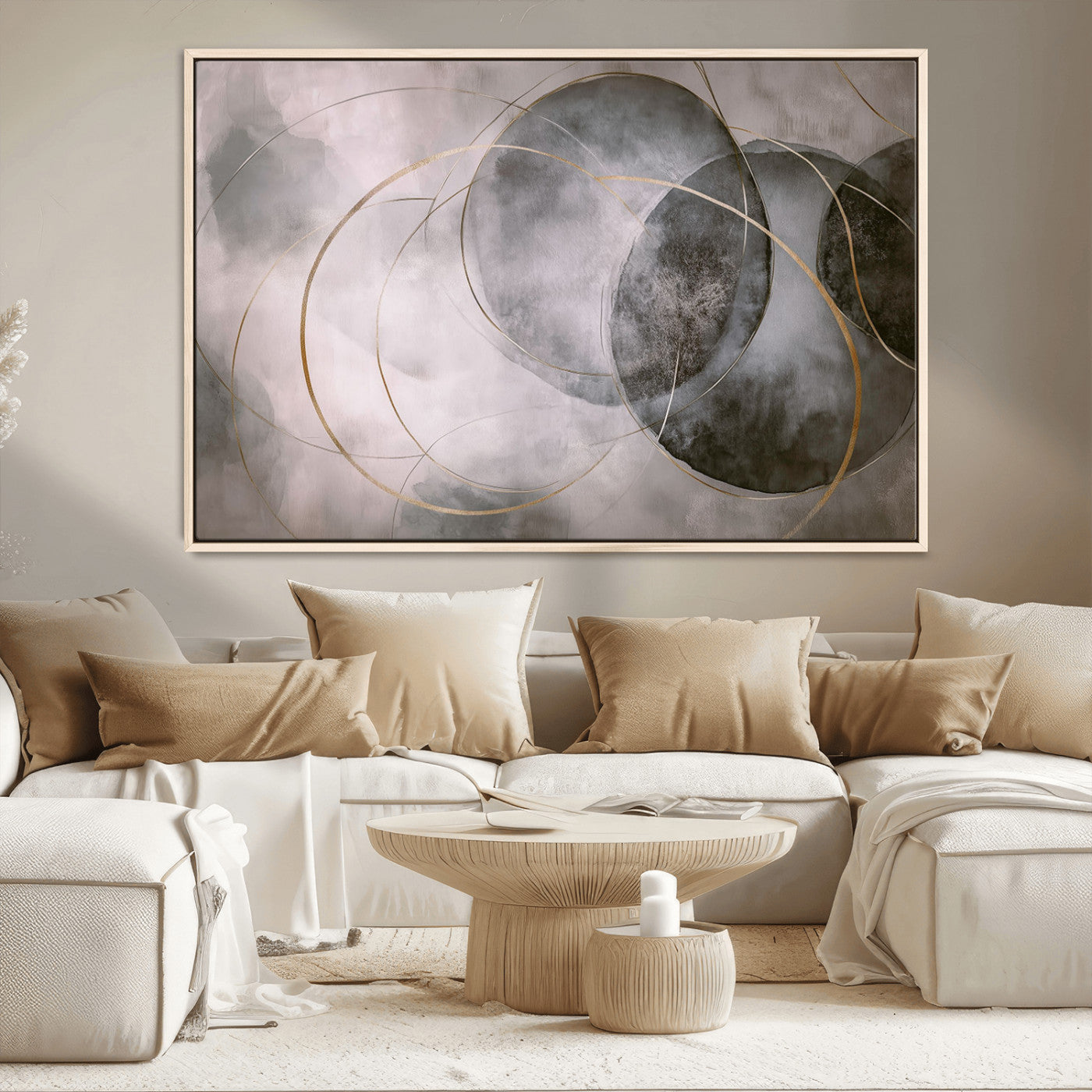 20066876-MGV-CV-36X24-Neutral Abstract Circle Wall Art – Modern Gray Beige Gold Canvas Print, Minimalist Geometric Painting for Bedroom, Living Room,