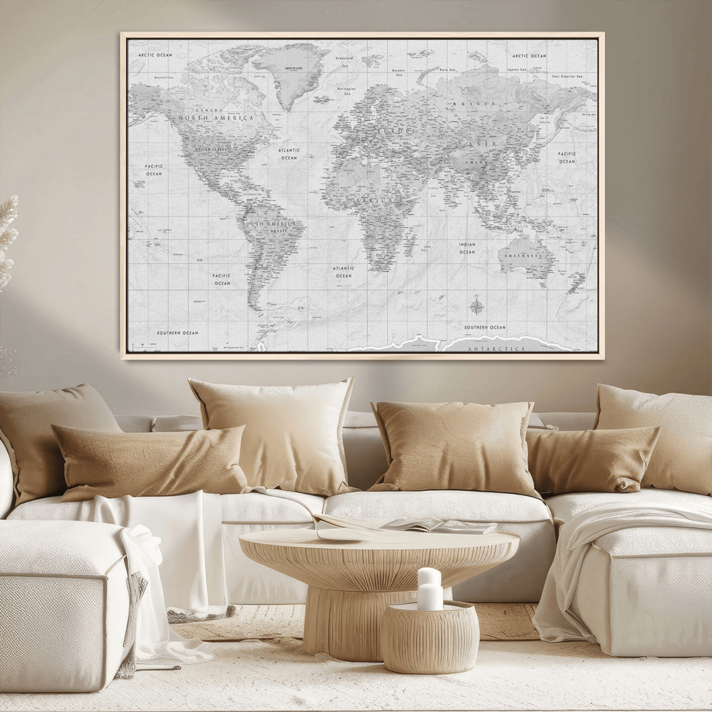 10516725-MGV-CV-36X24-Black and White World Map Wall Art – Minimalist Grayscale Canvas Print – Modern Detailed Travel Map Poster for Home, Office, or