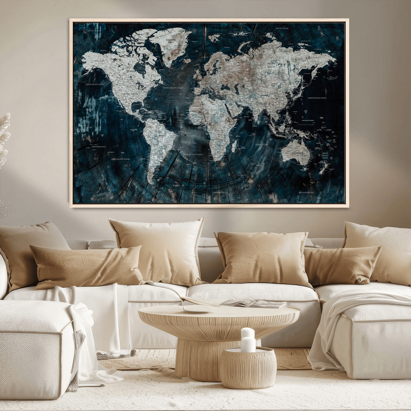 34425609-MGV-CV-36X24-World Map Wall Art – Rustic Navy and Grey Atlas Canvas Print, Distressed Explorer Map Artwork, Industrial Style Decor for Office,