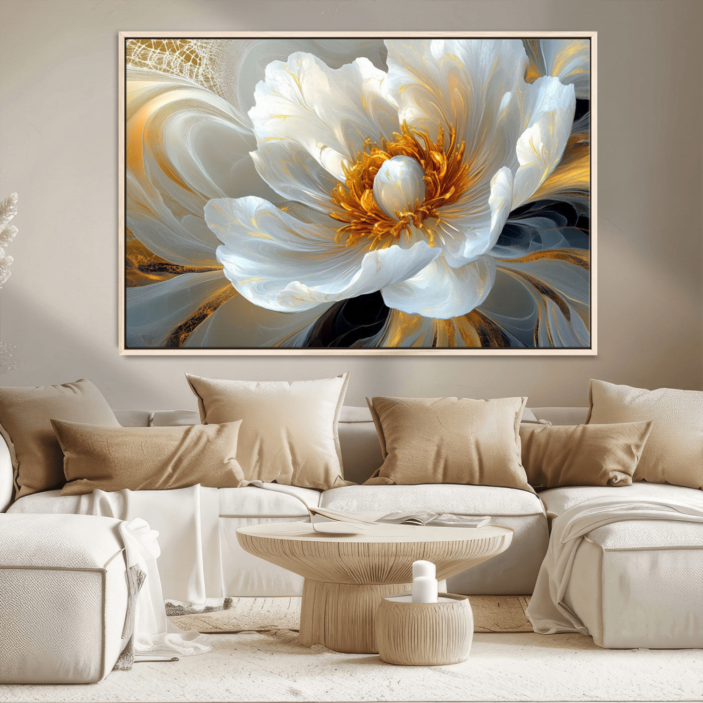 39604126-MGV-CV-36X24-Abstract Flower Wall Art – Elegant White and Gold Bloom Canvas Print, Modern Floral Artwork for Bedroom, Living Room, or Office
