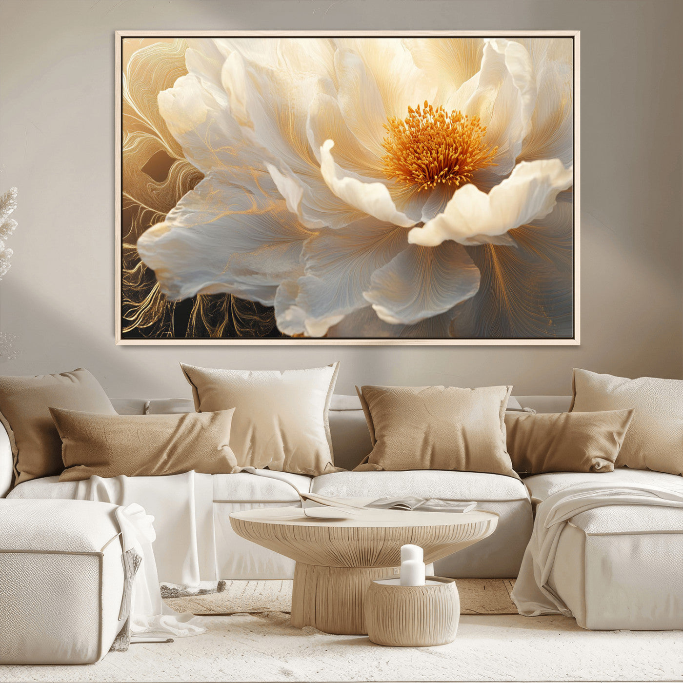 29539087-MGV-CV-36X24-Floral Wall Art – Elegant White and Gold Bloom Canvas Print, Romantic Modern Flower Artwork for Bedroom, Living Room, or Office