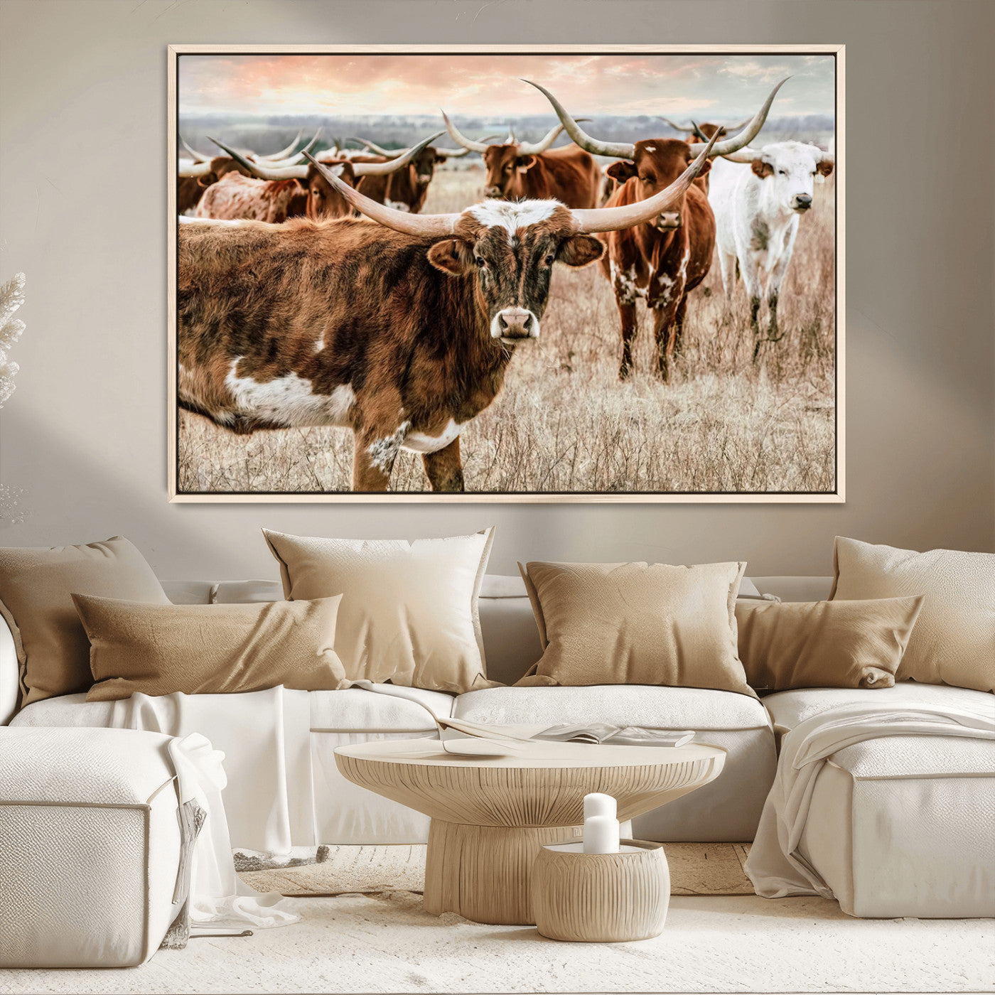 47758300-MGV-CV-36X24-Texas Longhorn Cattle Wall Art – Rustic Western Herd Canvas Print, Cowboy Ranch Farmhouse Decor for Living Room, Office, or
