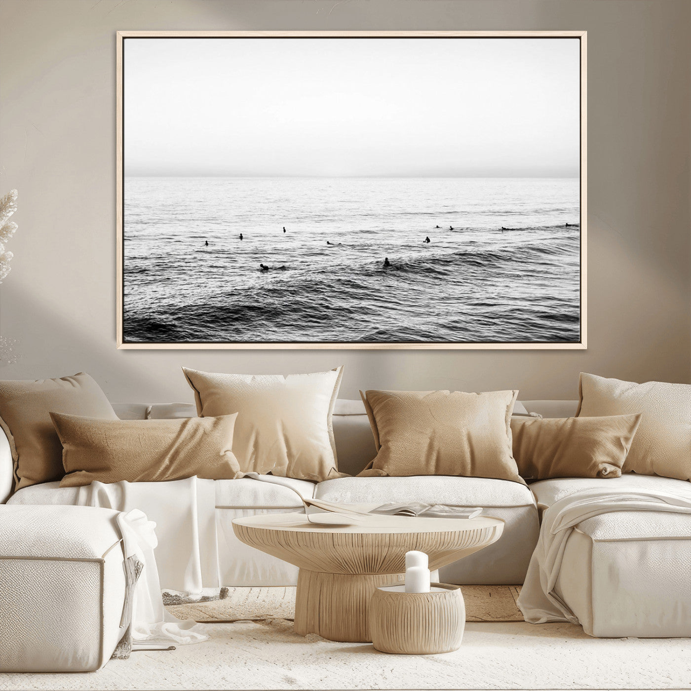 47208268-MGV-CV-36X24-Surfer Ocean Wall Art – Black and White Coastal Canvas Print, Minimalist Surfing Seascape Decor for Living Room, Bedroom, or Beach