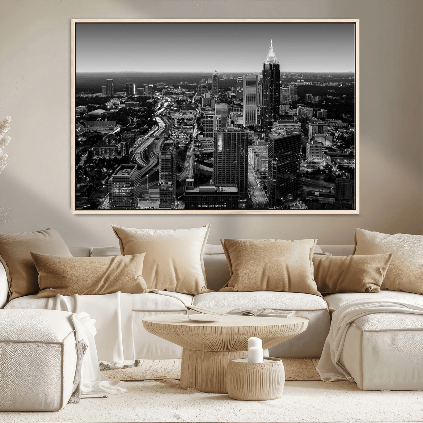 46578567-MGV-CV-36X24-Atlanta Skyline Wall Art – Black and White Cityscape Canvas Print, Modern Urban Night Decor for Office, Living Room, or Apartment