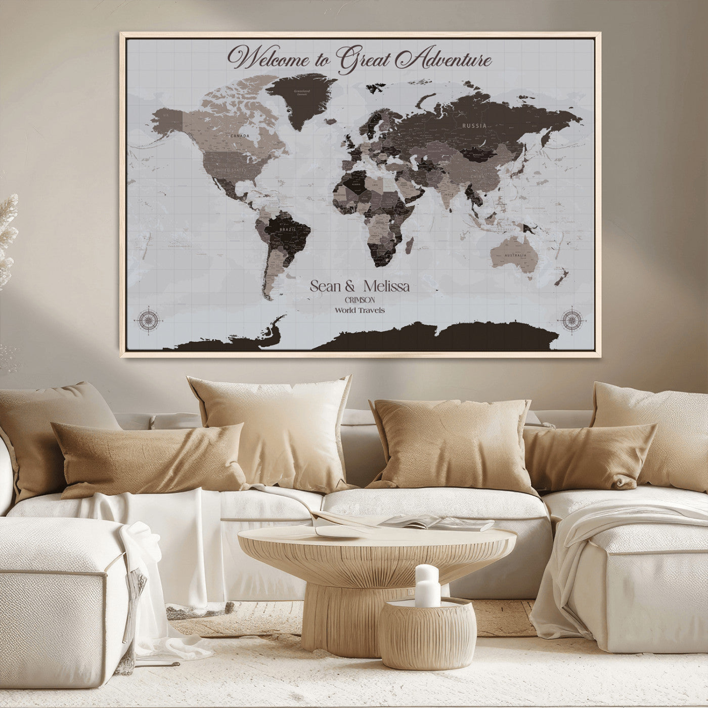 43749658-MGV-CV-36X24-Welcome to Great Adventure World Map Wall Art – Charcoal Gray Canvas Print, Rustic Travel Decor for Living Room, Study, Office or