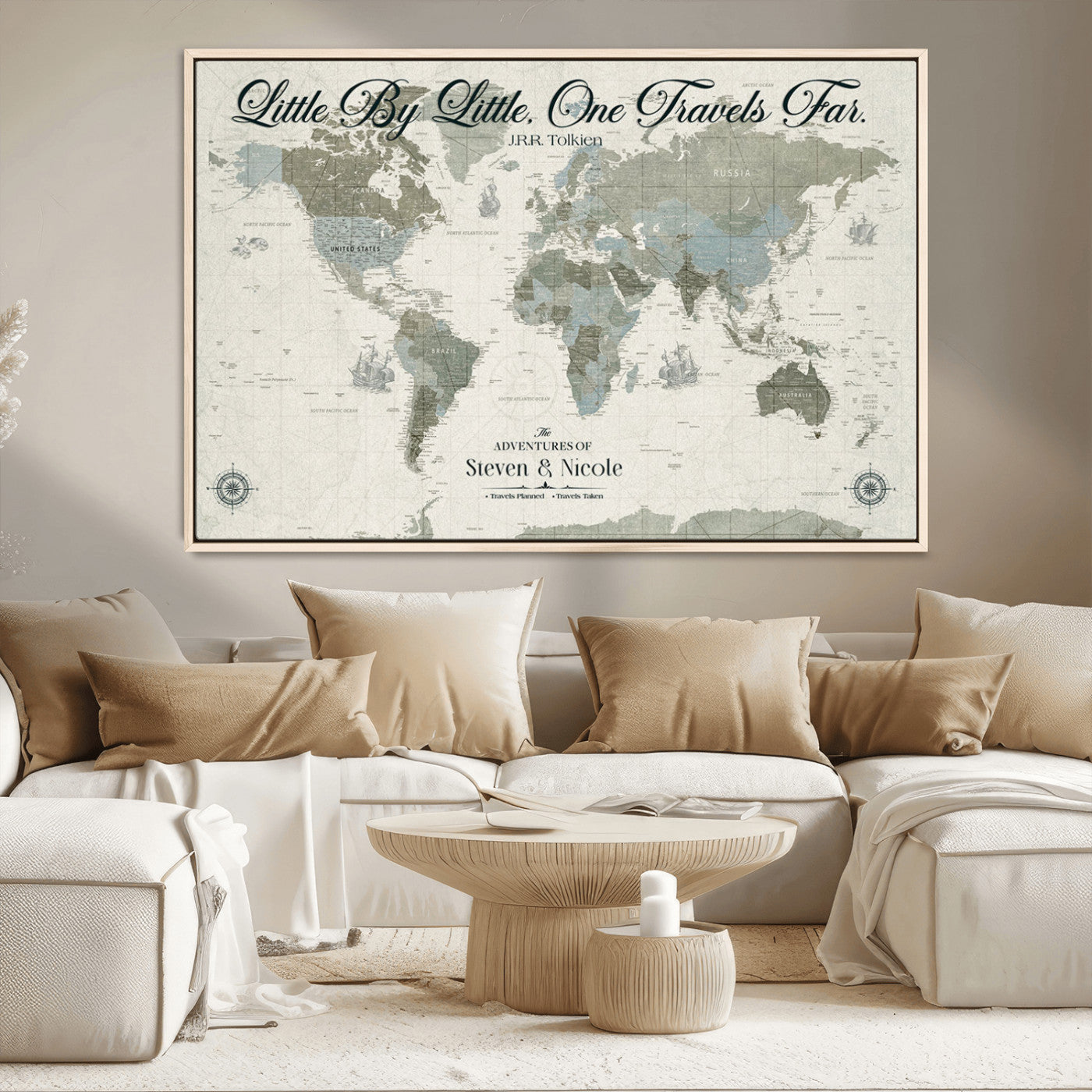 10693204-MGV-CV-36X24-Little By Little One Travels Far Tolkien Quote Blue Green World Map Adventure Wall Art Canvas Print Rustic Wanderlust Travel Decor