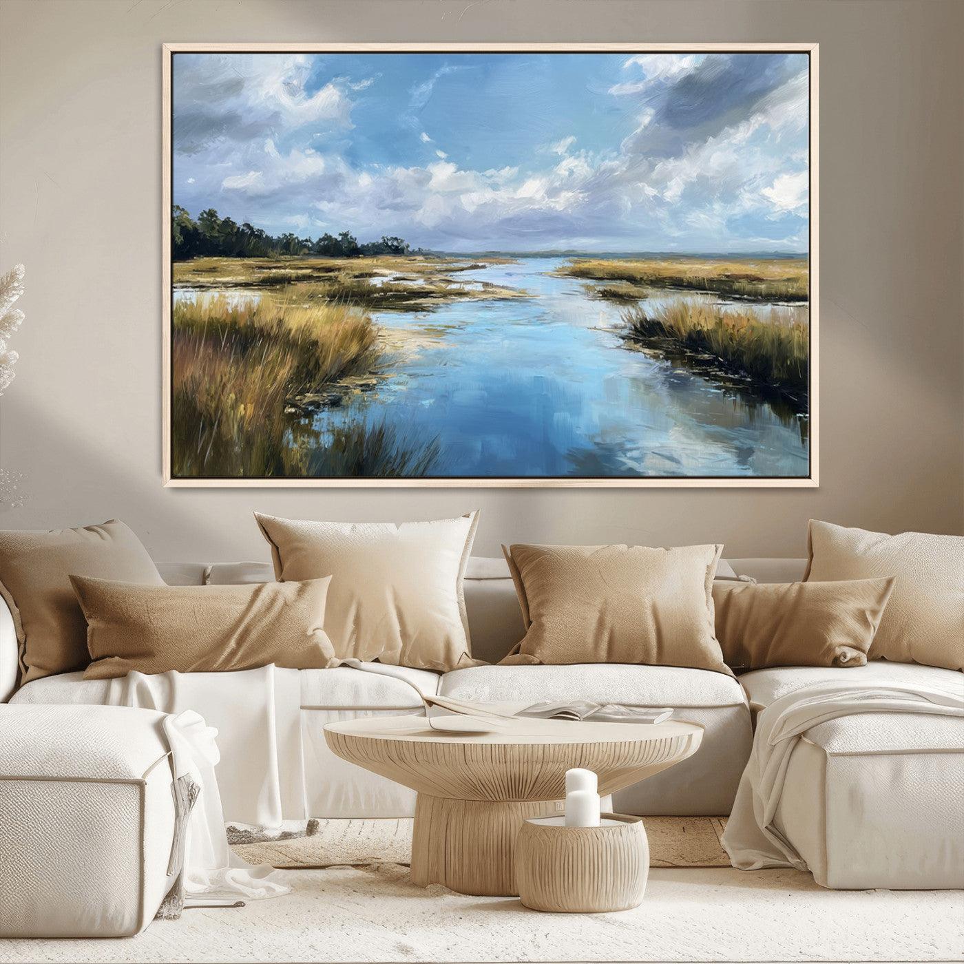 87082041-MGV-CV-36X24-Marshland Landscape Wall Art – Serene Nature Canvas Print with Blue Sky and Reflections, Tranquil Scenic Painting for Living Room,