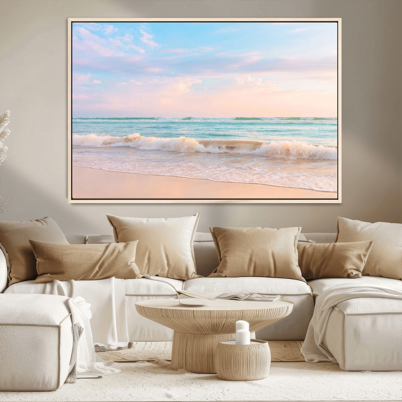 88024944-MGV-CV-36X24-Beach Landscape Wall Art – Coastal Ocean Canvas Print with Gentle Waves and Pastel Sky, Serene Seascape Photography for Living