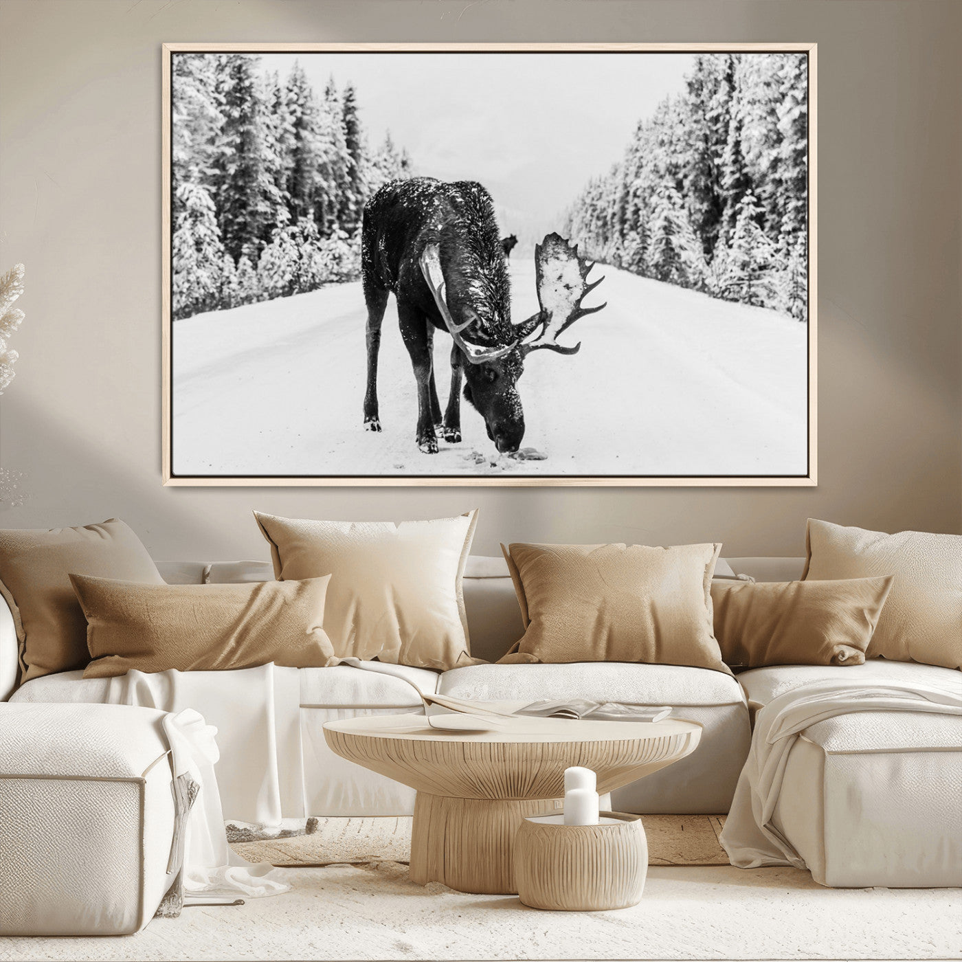 38956835-MGV-CV-36X24-Moose Wall Art – Black and White Wildlife Canvas Print with Snowy Forest Road, Rustic Nature Photography for Cabin, Lodge, Living