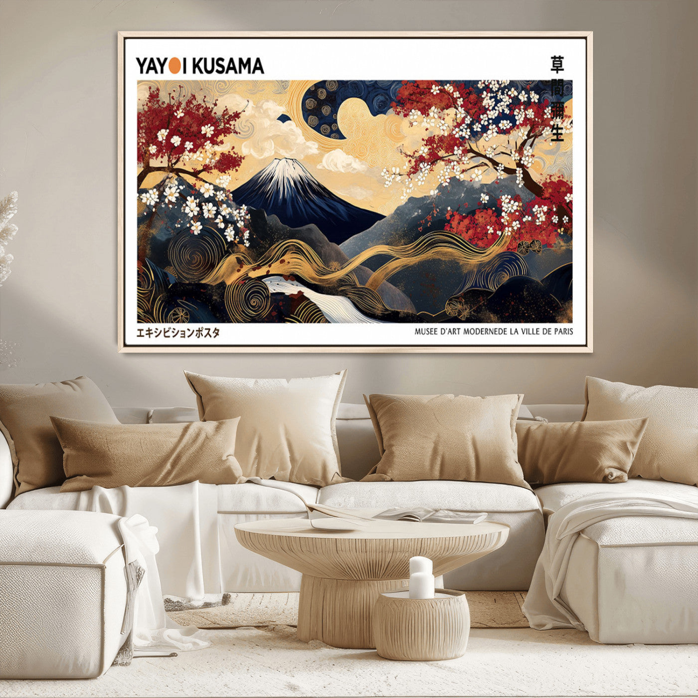 28945903-MGV-CV-36X24-Yayoi Kusama Inspired Japanese Art Canvas Print – Framed Floral & Mt. Fuji Wall Decor, Modern Asian Style Canvas for Home, Office,