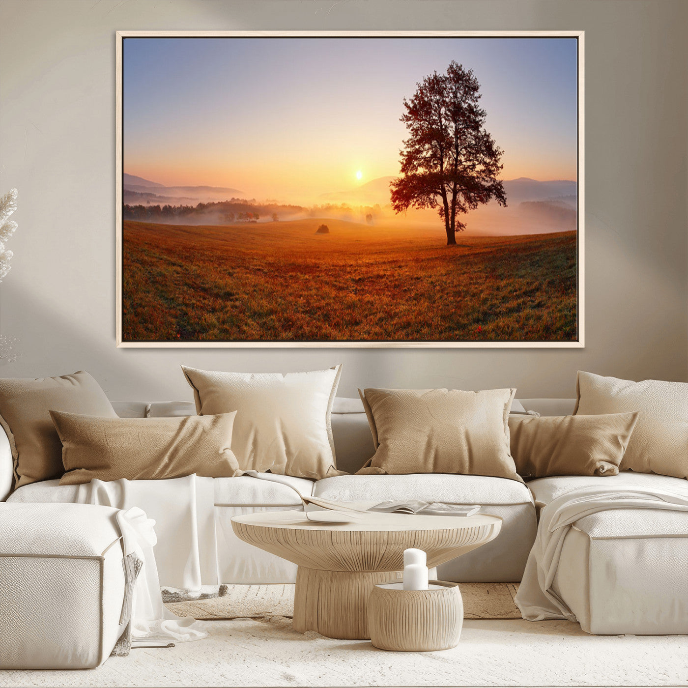 57919623-MGV-CV-36X24-Golden Sunrise Landscape Canvas Wall Art - Framed Misty Field Print, Large Nature Canvas for Living Room, Office, or Home Decor