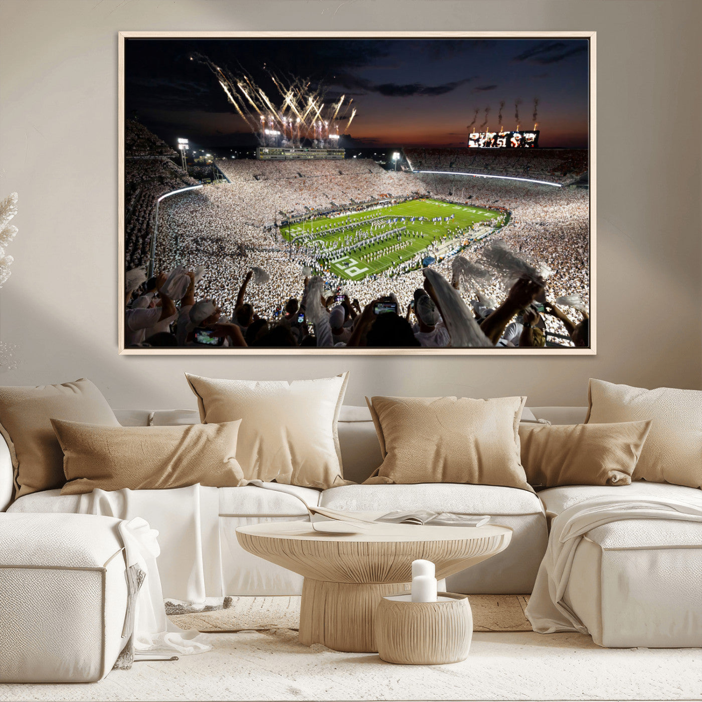 Penn-MGV-CV-36X24-Football Stadium Wall Art – Panoramic Night Game Canvas Print, Packed Crowd with Fireworks, Sports Decor for Office, Man Cave, Bar