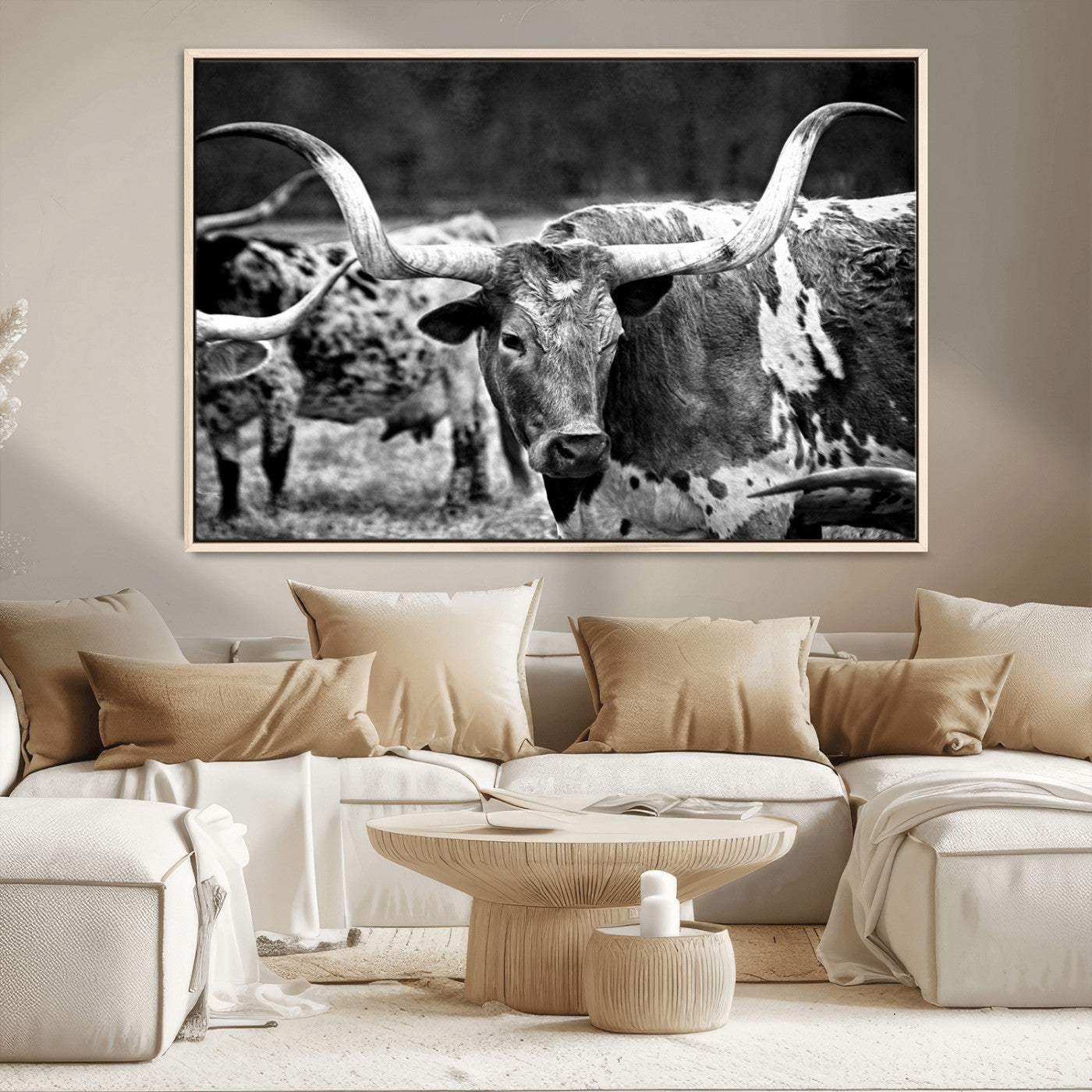 15425553-MGV-CV-36X24-Western Wall Art – Longhorn Cattle Black and White Canvas Print, Rustic Ranch Photography Decor for Bedroom, Living Room, Office,