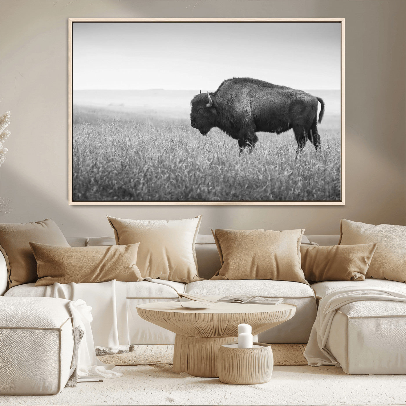 90861202-MGV-CV-36X24-Black and White Bison Canvas Wall Art – Rustic American Buffalo Print, Western Wildlife Photography for Farmhouse, Cabin, Office