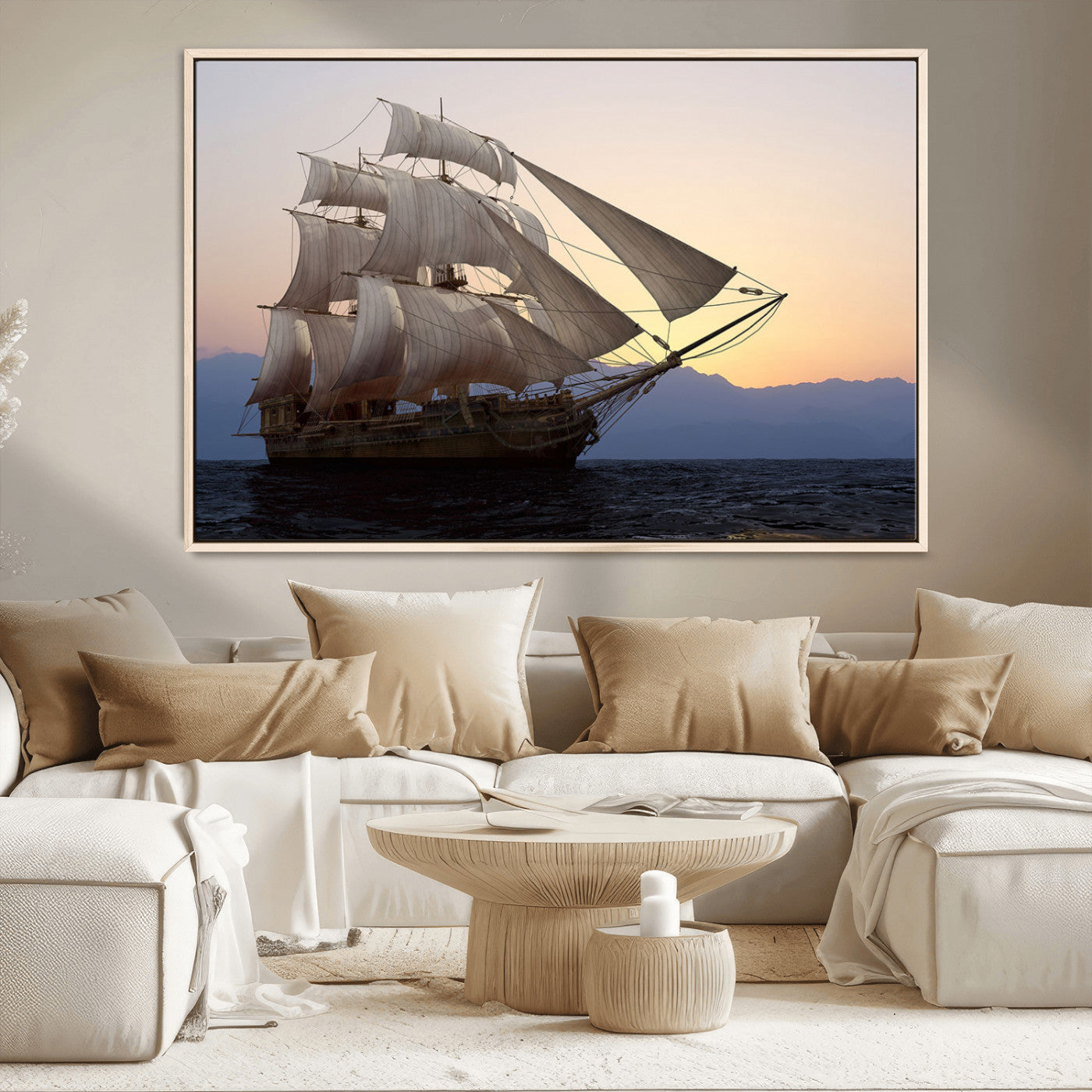 99957679-MGV-CV-36X24-Majestic Sailing Ship Wall Art – Sunset Ocean Voyage, Classic Tall Ship with Wind Filled Sails Canvas Print for Home, Office,