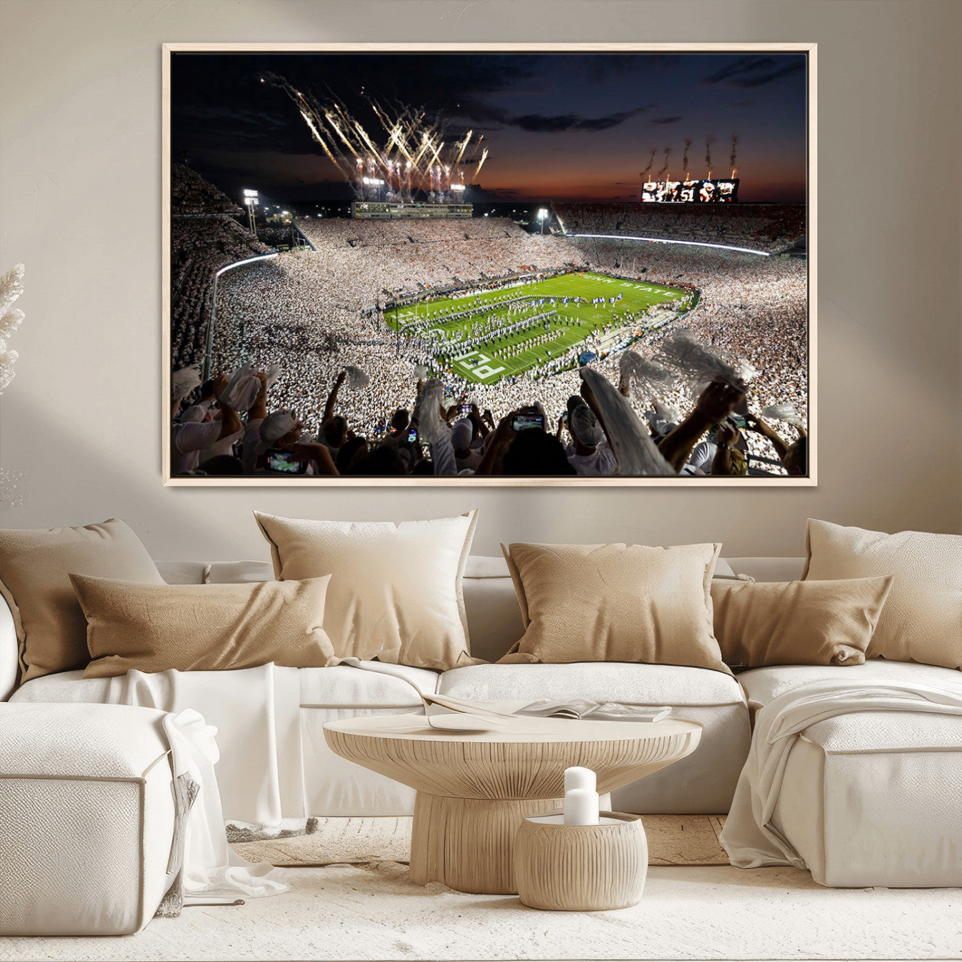 11221988-MGV-CV-36X24-Football Stadium Wall Art – Game Day Crowd with Fireworks, Sports Fan Photography Print, Stadium Decor for Man Cave, Bar, or
